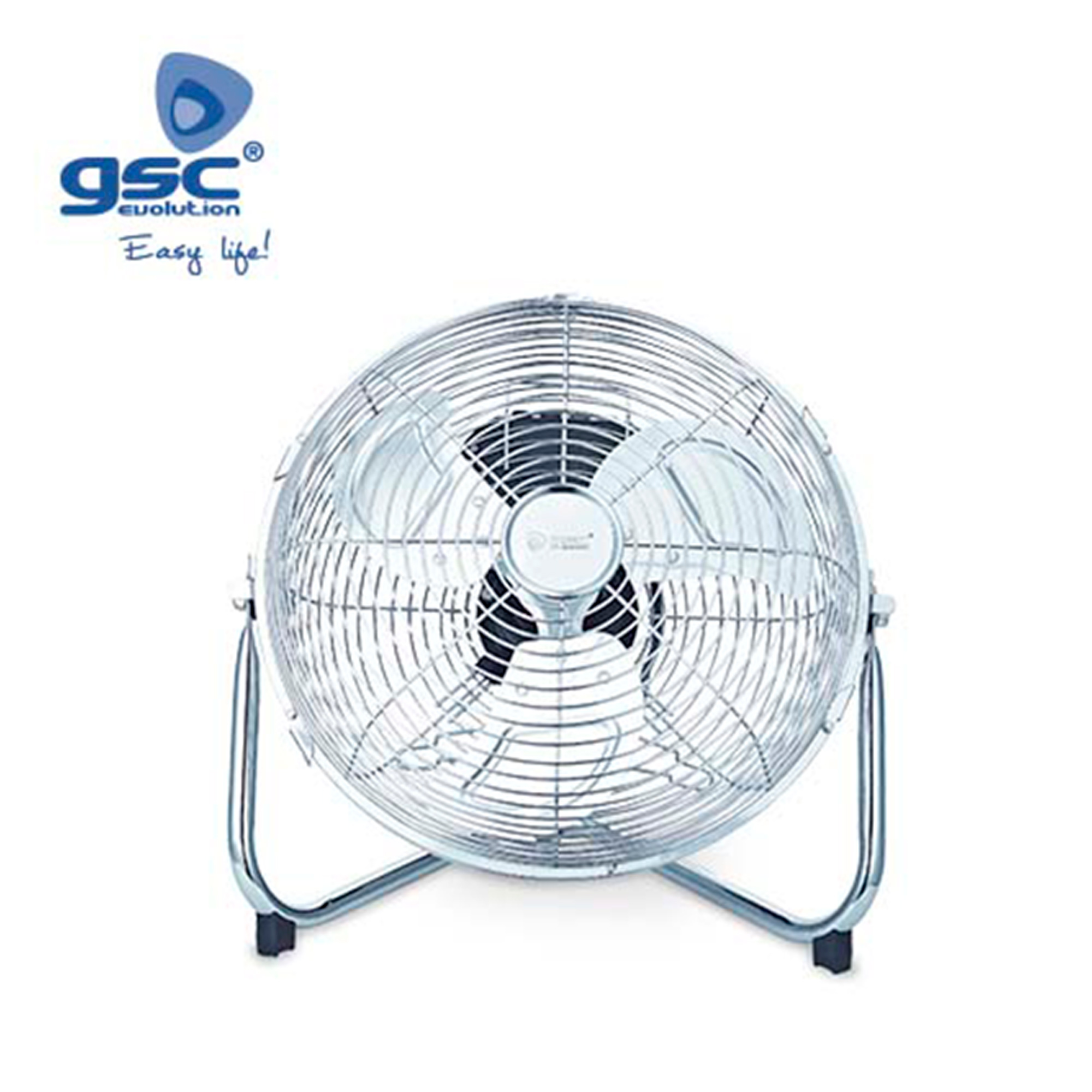 Ventilatore rotondo argentato con gabbia metallica. Il ventilatore ha una base e un supporto argentati.