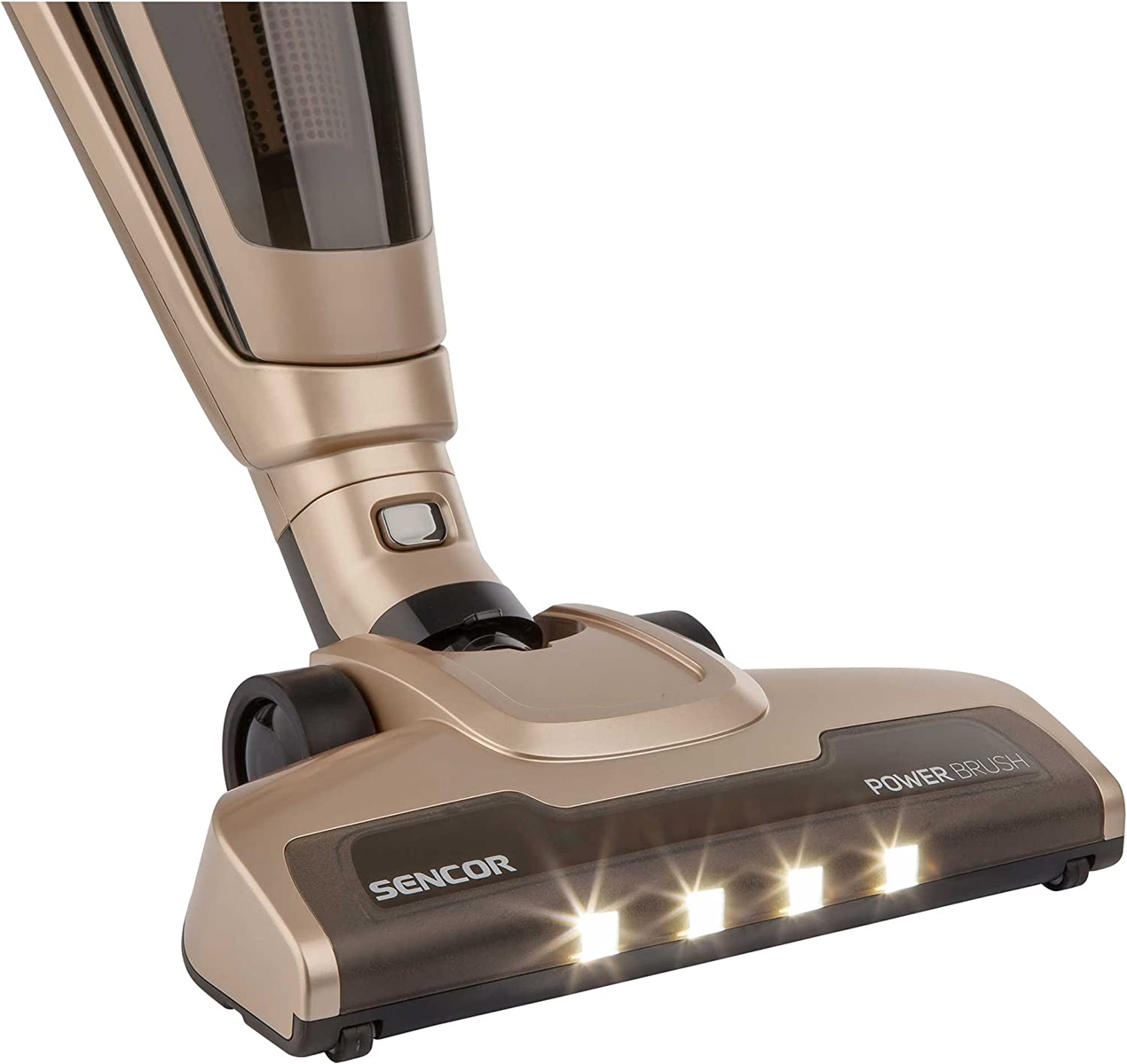 Ein gold-brauner Staubsaugerkopf mit Lichtern, 'POWER BRUSH' und 'SENCOR' sind geschrieben.