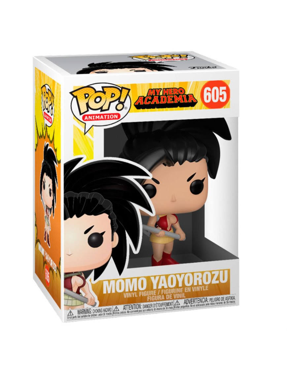 Una statuetta Funko Pop di Momo Yaoyorozu di My Hero Academia. La statuetta è in una scatola con il nome del personaggio.