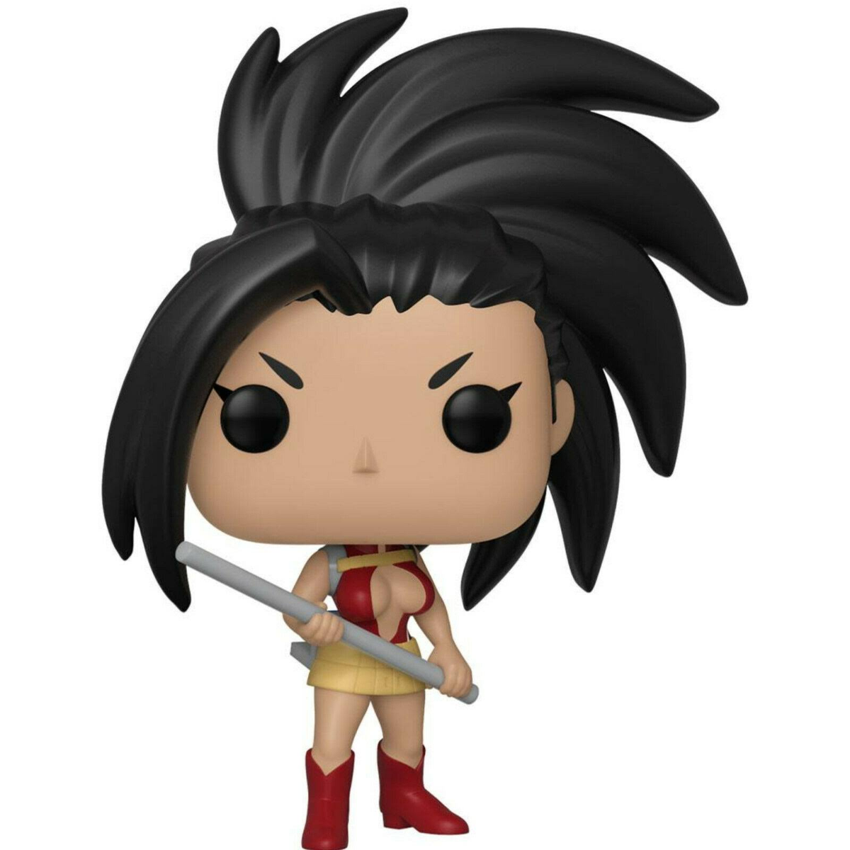 Una figura Funko Pop di un personaggio femminile degli anime, in posa dinamica con un bastone. Capelli neri e abito rosso.