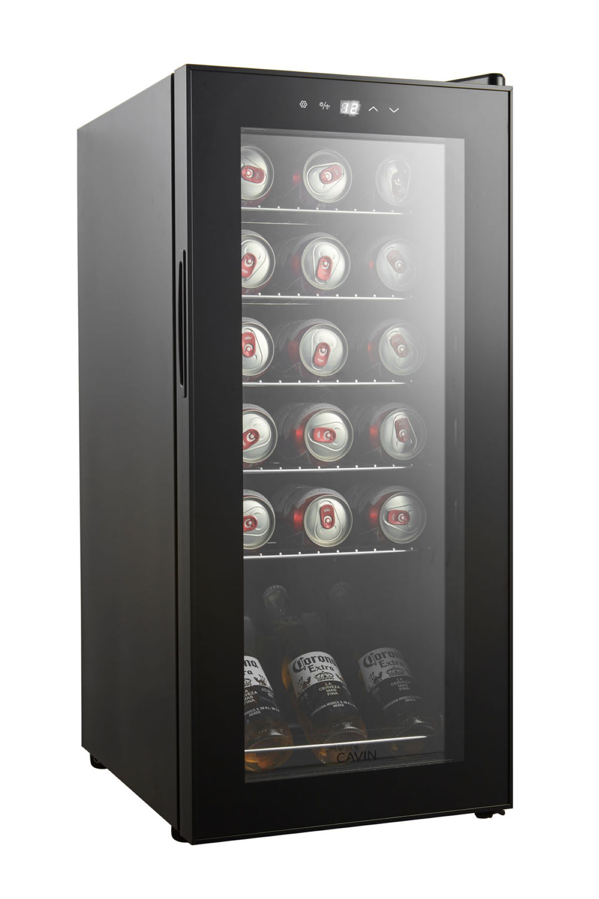 Schwarzer Mini-Kühlschrank mit Glastür, zeigt Bierdosen und Flaschen Corona-Bier im Inneren.