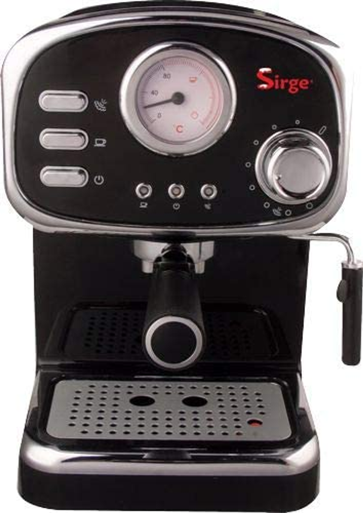 Macchina per caffè espresso nera con manometro. Dettagli cromati, una maniglia e un vassoio raccogli gocce visibili.