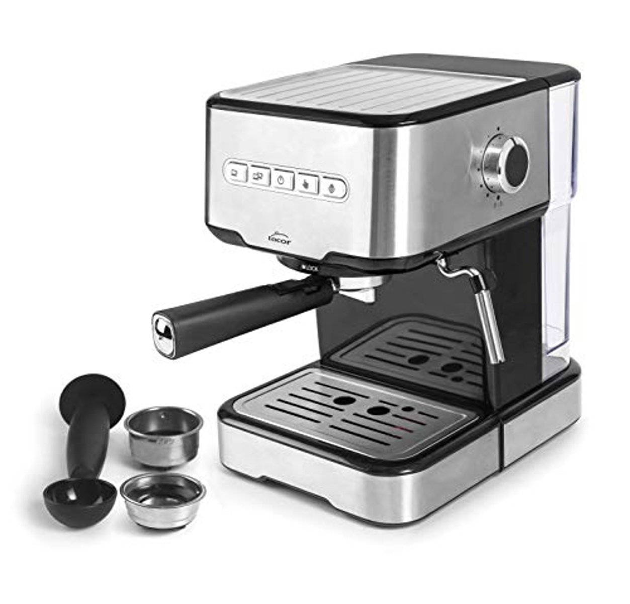 Máquina de espresso plateada y negra con accesorios.
