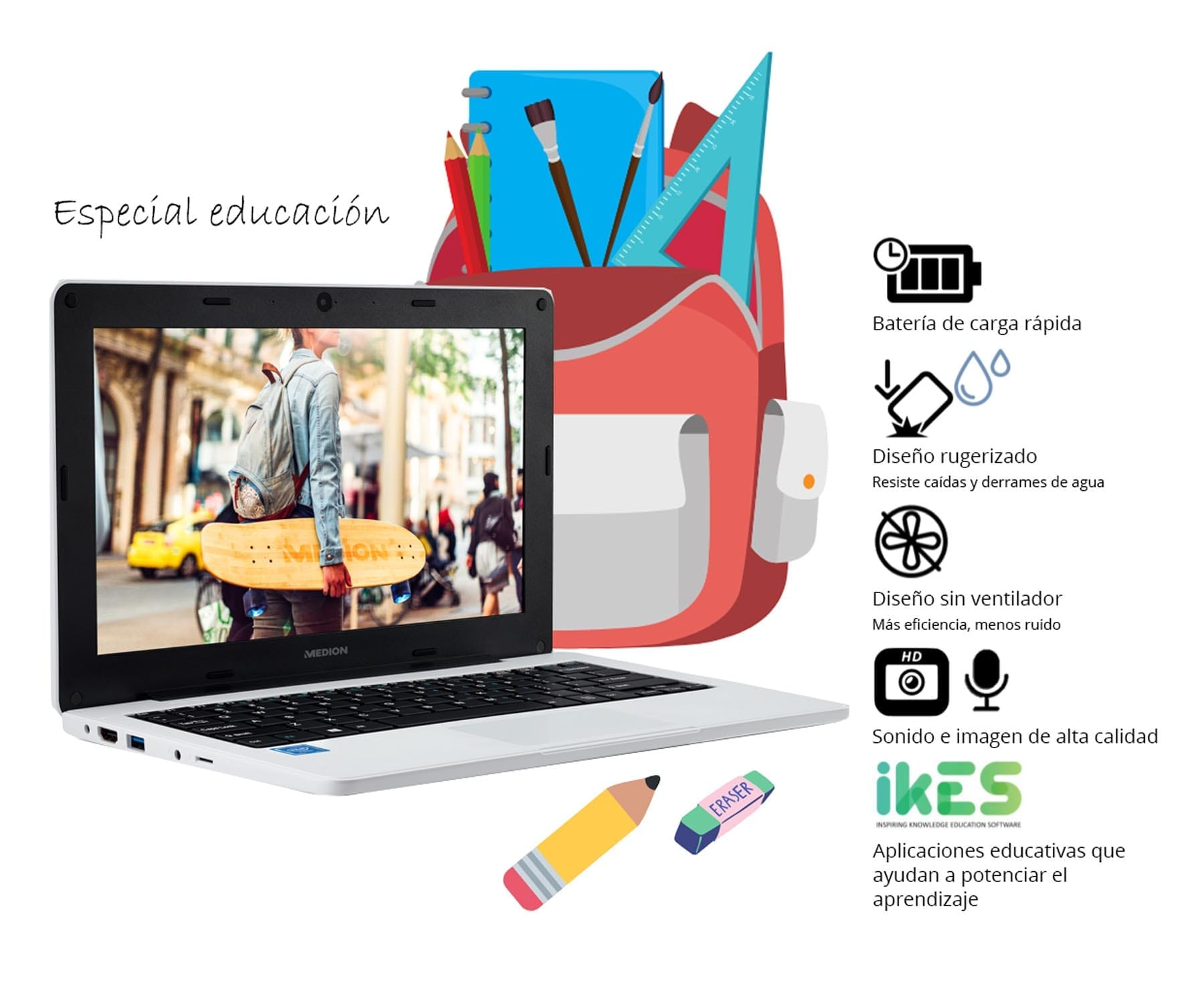 Una laptop con un estudiante en la pantalla. Incluye lápiz, borrador e ilustración de mochila con texto.