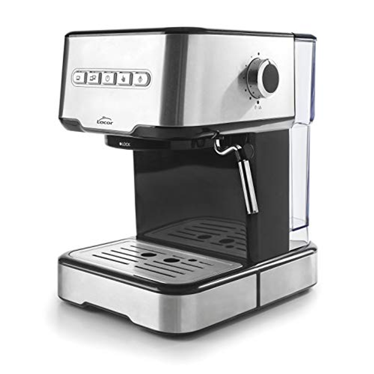 Máquina de espresso de acero inoxidable con detalles negros y un depósito de agua lateral.