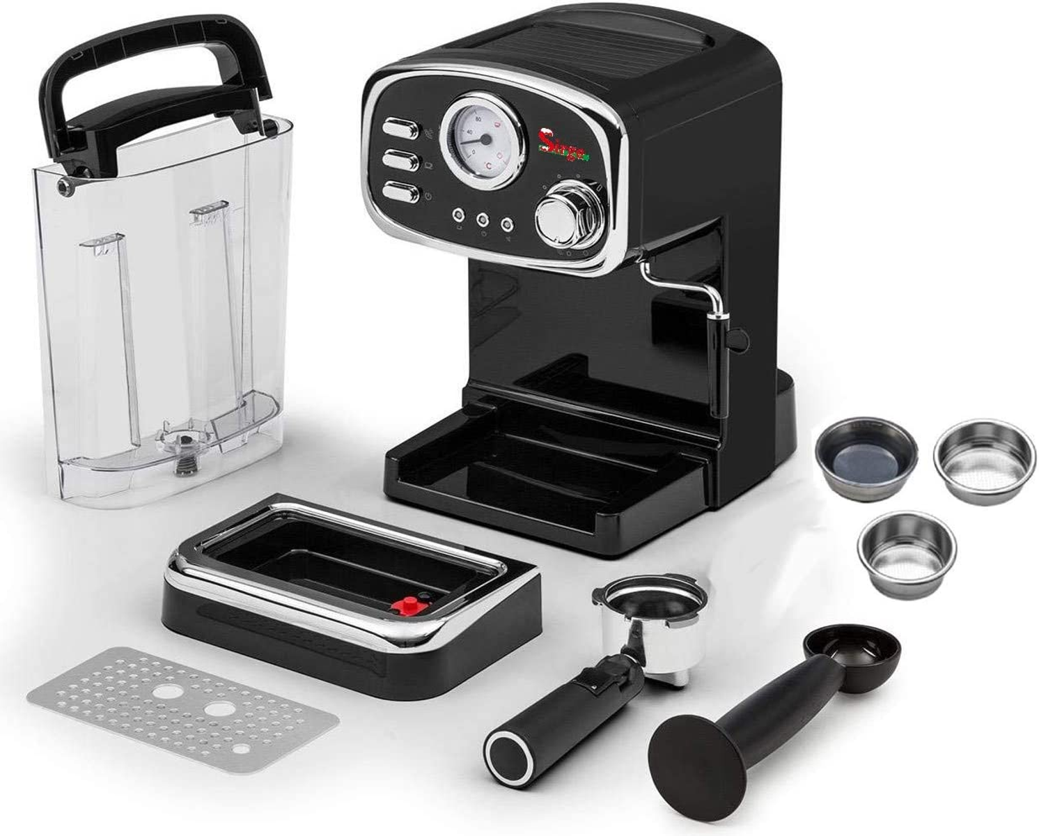 Macchina per caffè espresso nera con accessori. Include serbatoio dell'acqua, filtri e portafiltro.