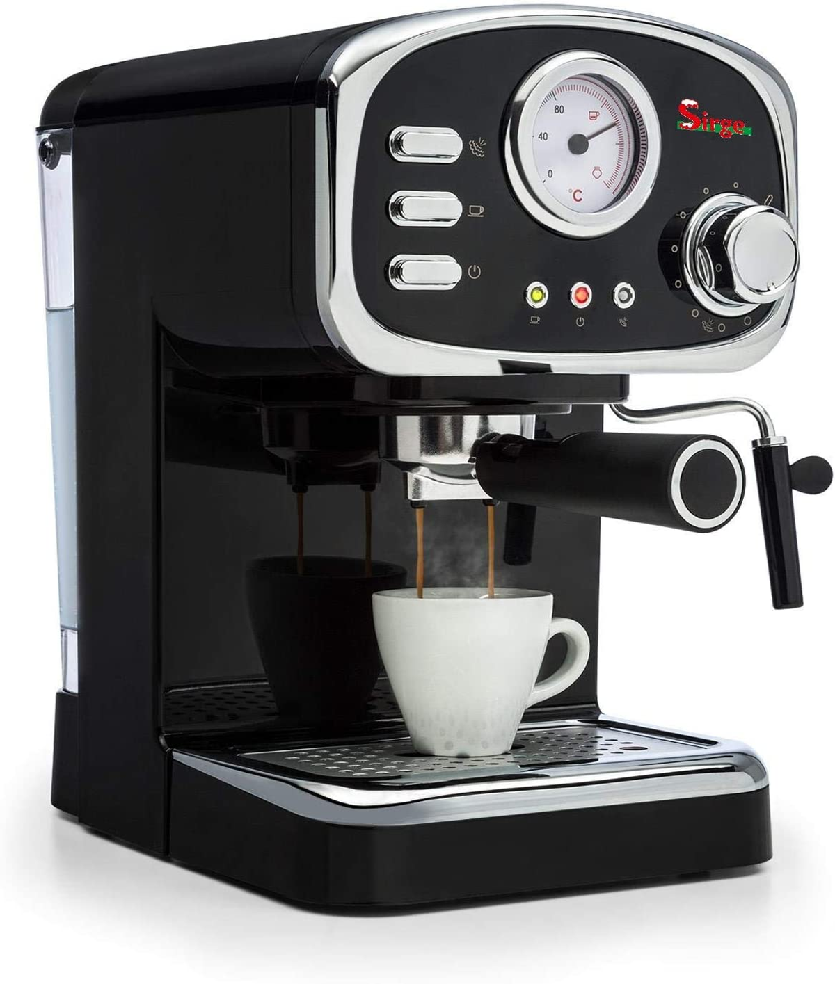 Macchina per espresso nera con tazza bianca e vapore, sfondo bianco.