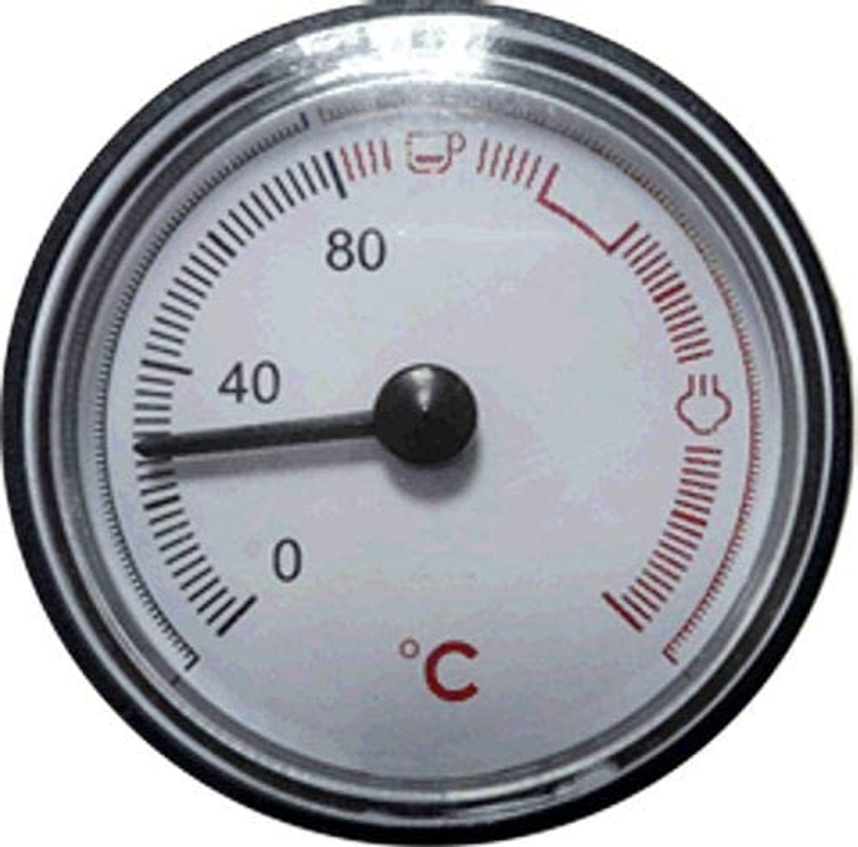 Termometro: Termometro rotondo con quadrante bianco e lancetta a 40°C.