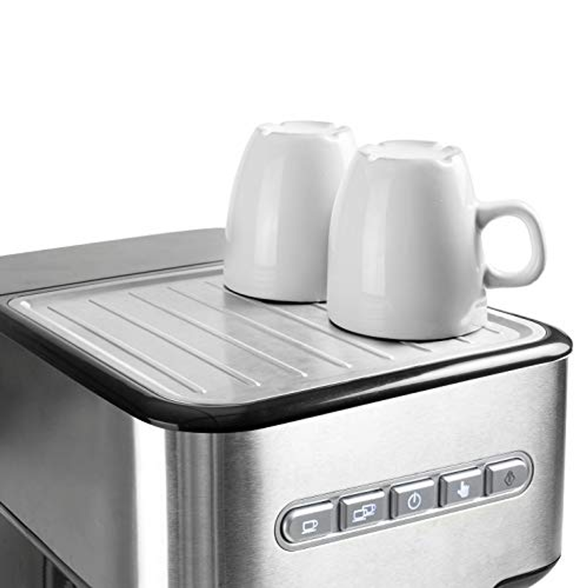 Una cafetera con dos tazas blancas encima.