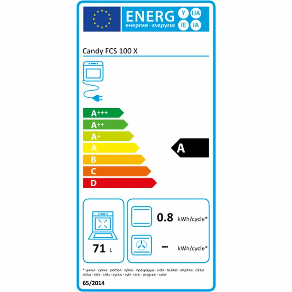 Un'etichetta di efficienza energetica con diversi gradi di colore. L'etichetta è per un forno Candy FCS 100 X.