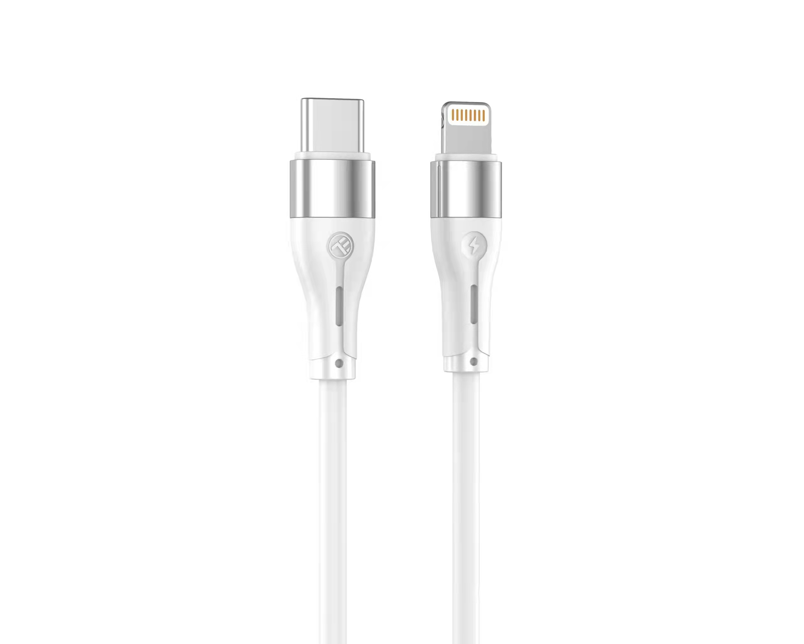 Biały kabel USB-C do Lightning ze srebrnymi złączami na białym tle.