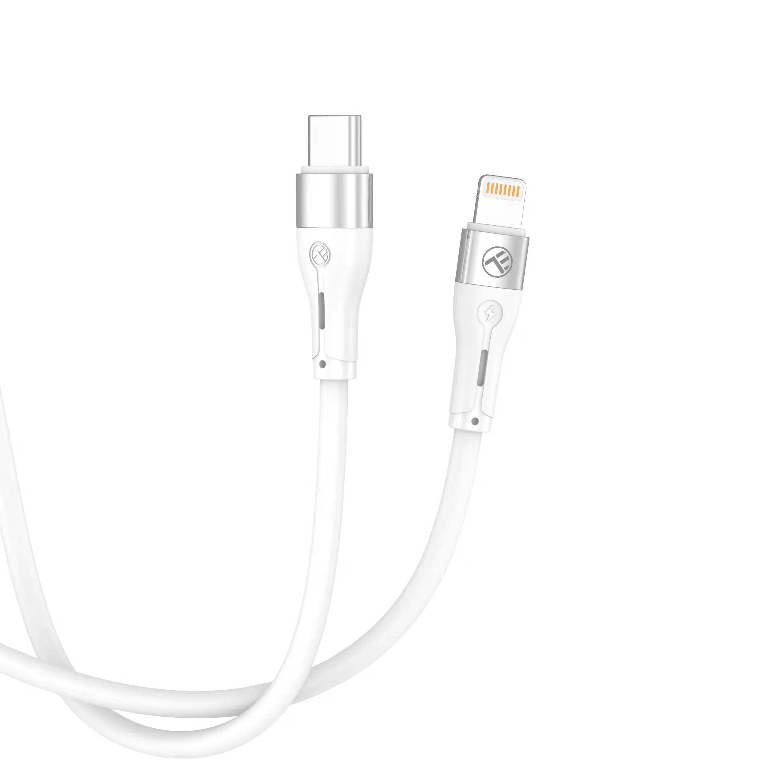 Biały kabel ładujący USB-C do Lightning. Widoczne oba końce, izolowane na białym.