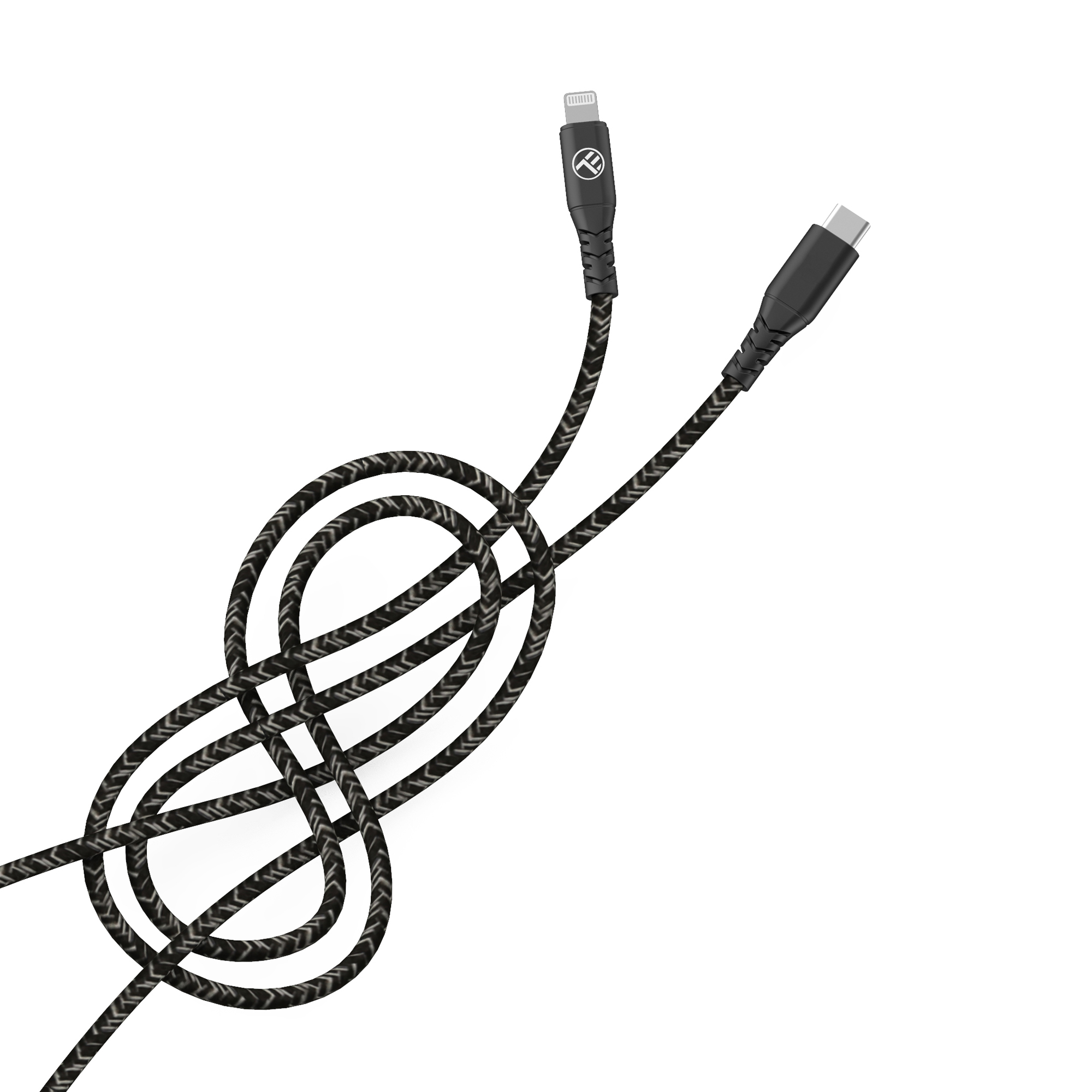 Czarno-szary pleciony kabel w węźle. Złącza Lightning i USB-C na każdym końcu.