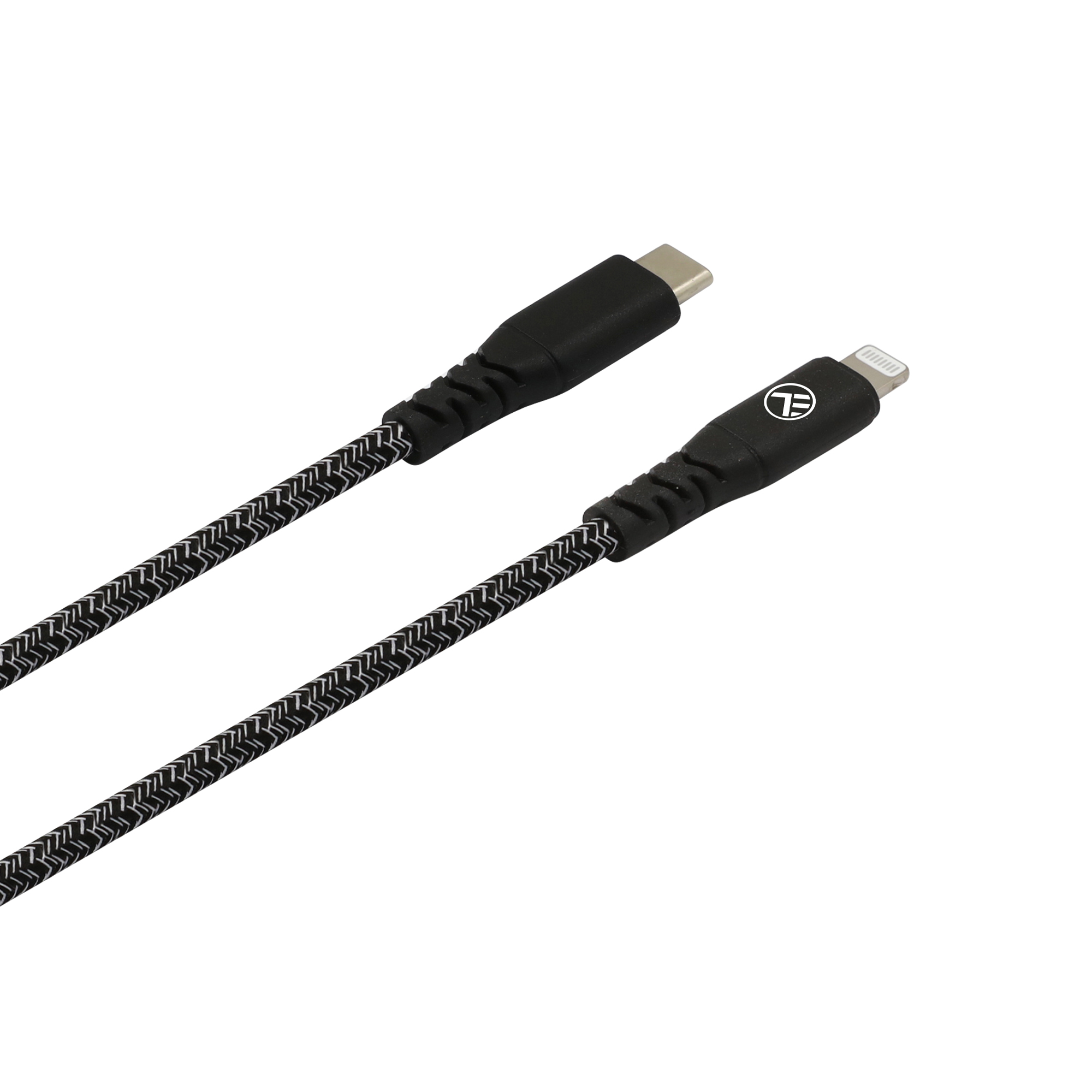 Czarno-biały pleciony kabel USB-C do Lightning, pod kątem na białym tle.
