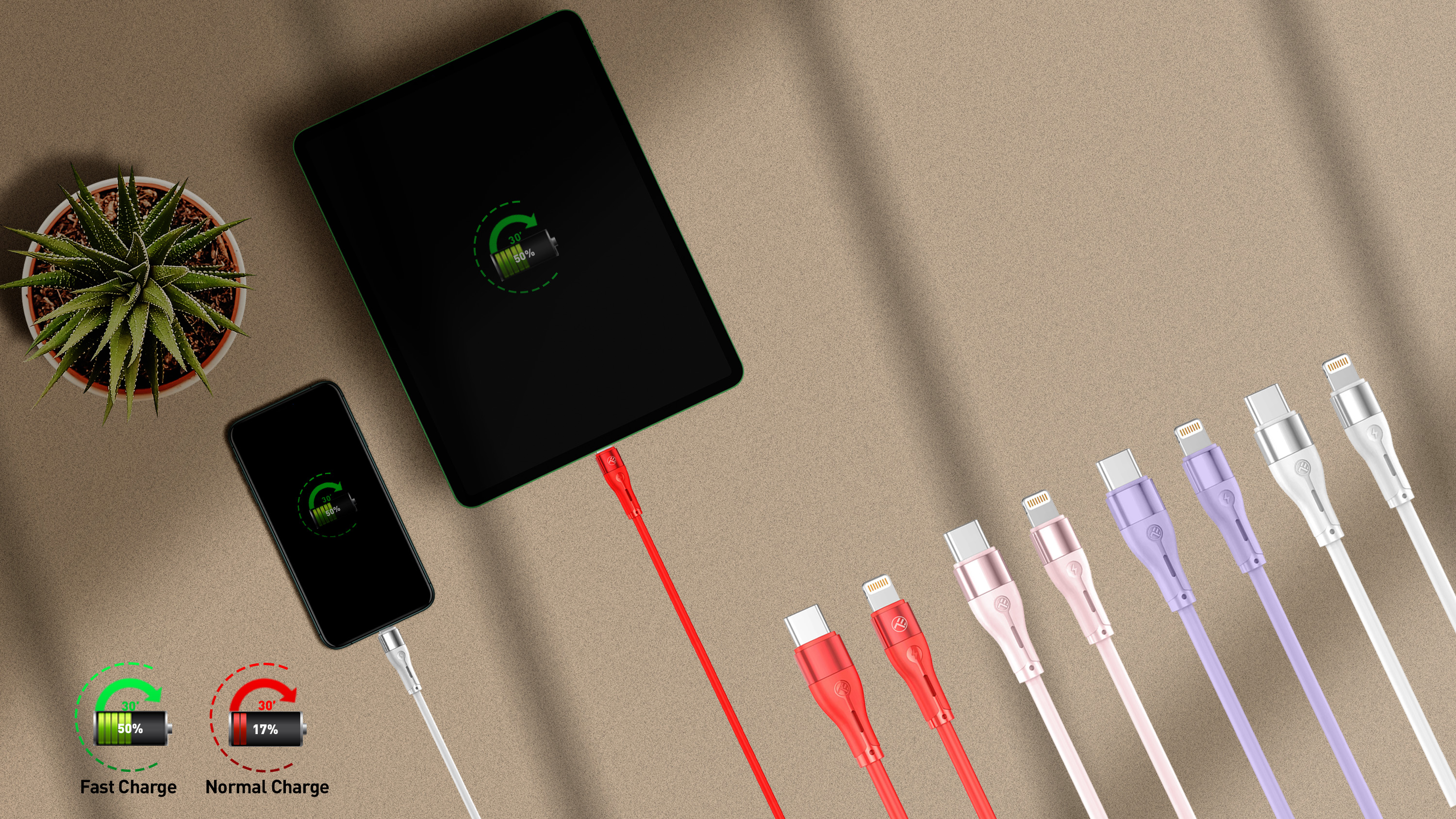 Tablet i telefon ładują się za pomocą różnych kabli. Kable są czerwone, różowe i białe.