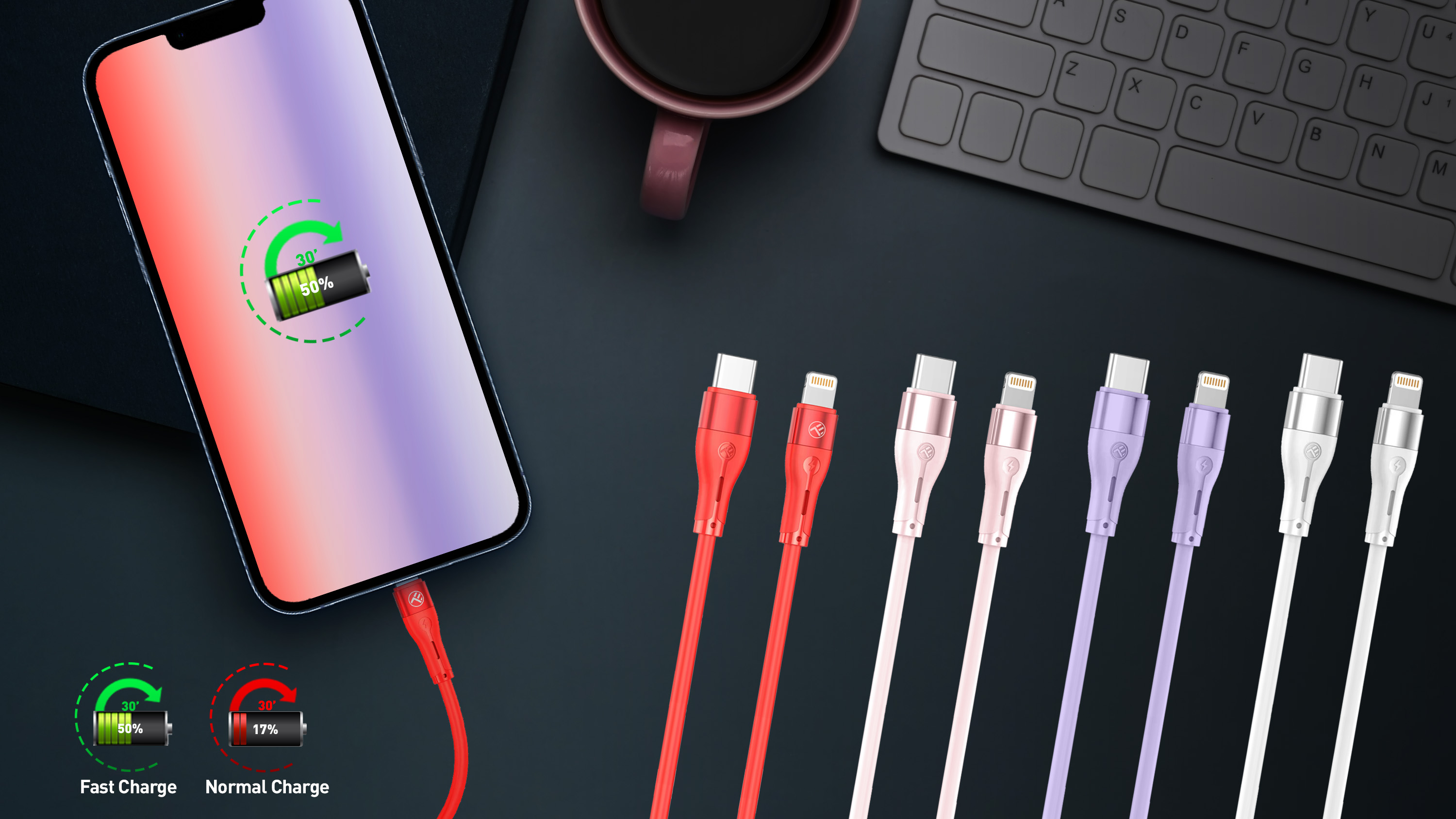 Telefon w trakcie ładowania, z kablami ładującymi. Jeden kabel jest czerwony, inne są w różnych kolorach.