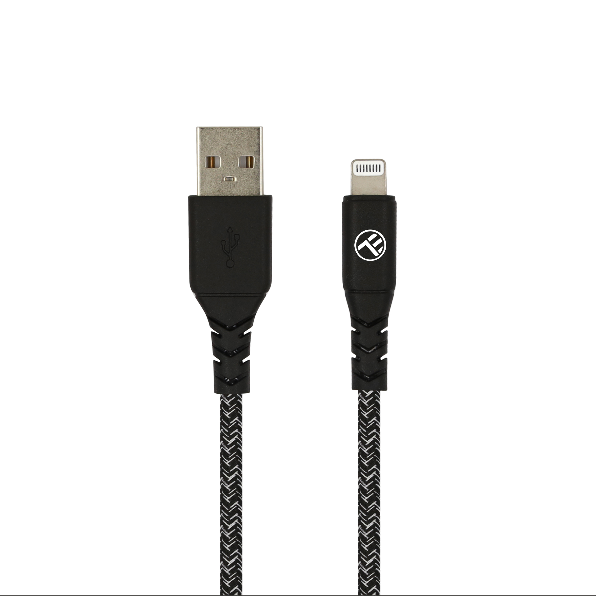 Czarny kabel USB do Lightning. Pleciony kabel, złącza są czarne.