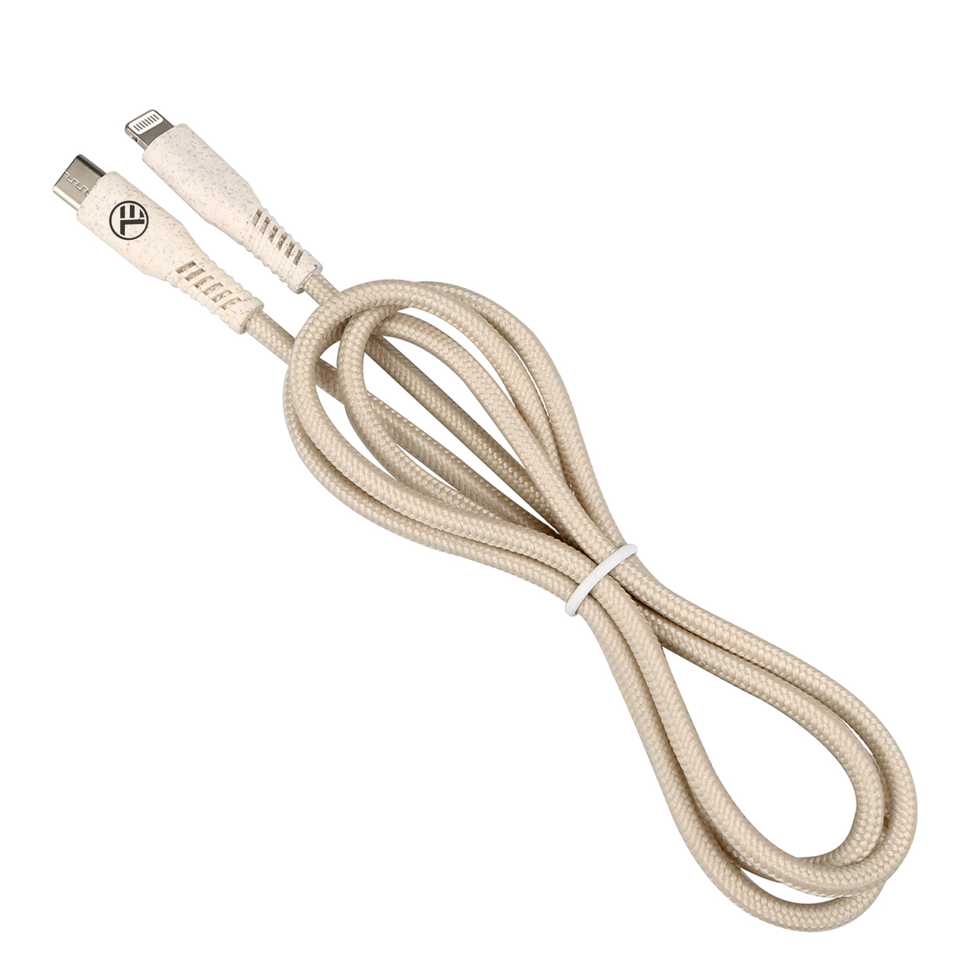 Beżowy pleciony kabel USB-C z dwoma końcami i białą opaską, na białym tle. Na końcach znajdują się loga.