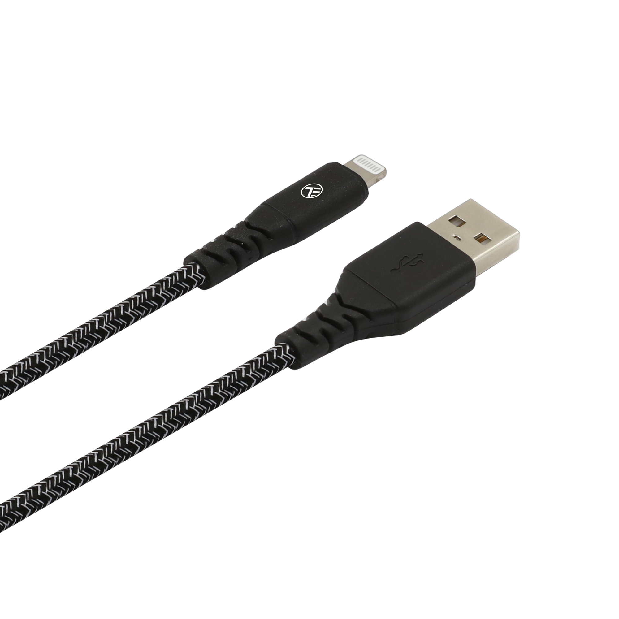 Czarno-biały pleciony kabel USB do Lightning. Czarne złącza i logo na jednym końcu.