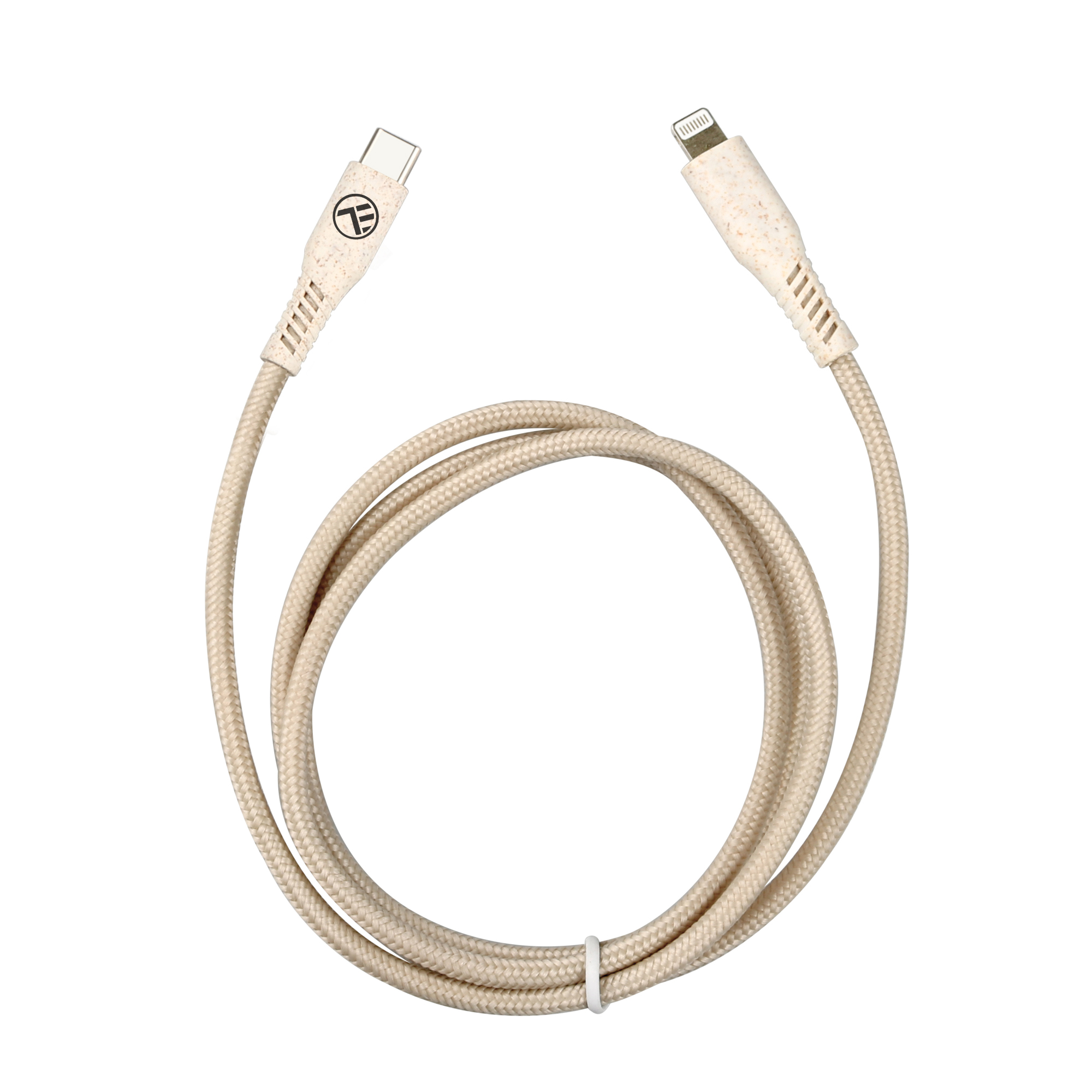 Beżowy kabel USB-C do Lightning. Kabel jest zwinięty, a złącza znajdują się na każdym końcu.