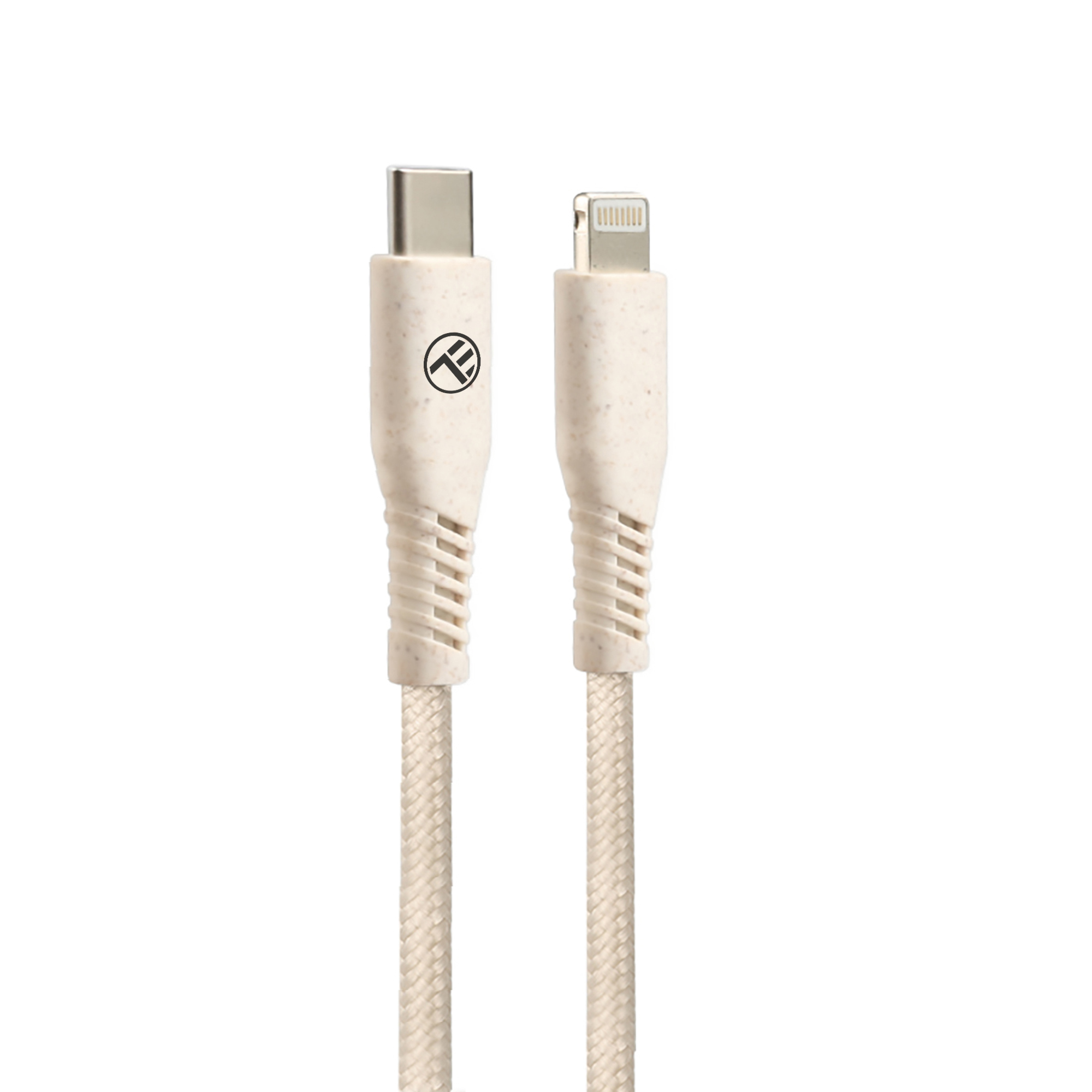 Dwa kable ładujące w kolorze kremowym ze złączami USB-C i Lightning. Pleciona konstrukcja.