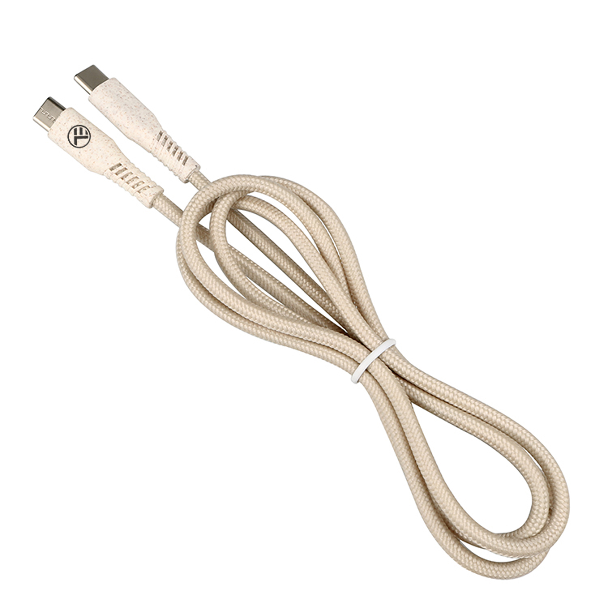 Beżowy, pleciony kabel USB-C, złożony w pętlę i zabezpieczony białą opaską. Widoczne są dwa złącza USB-C.