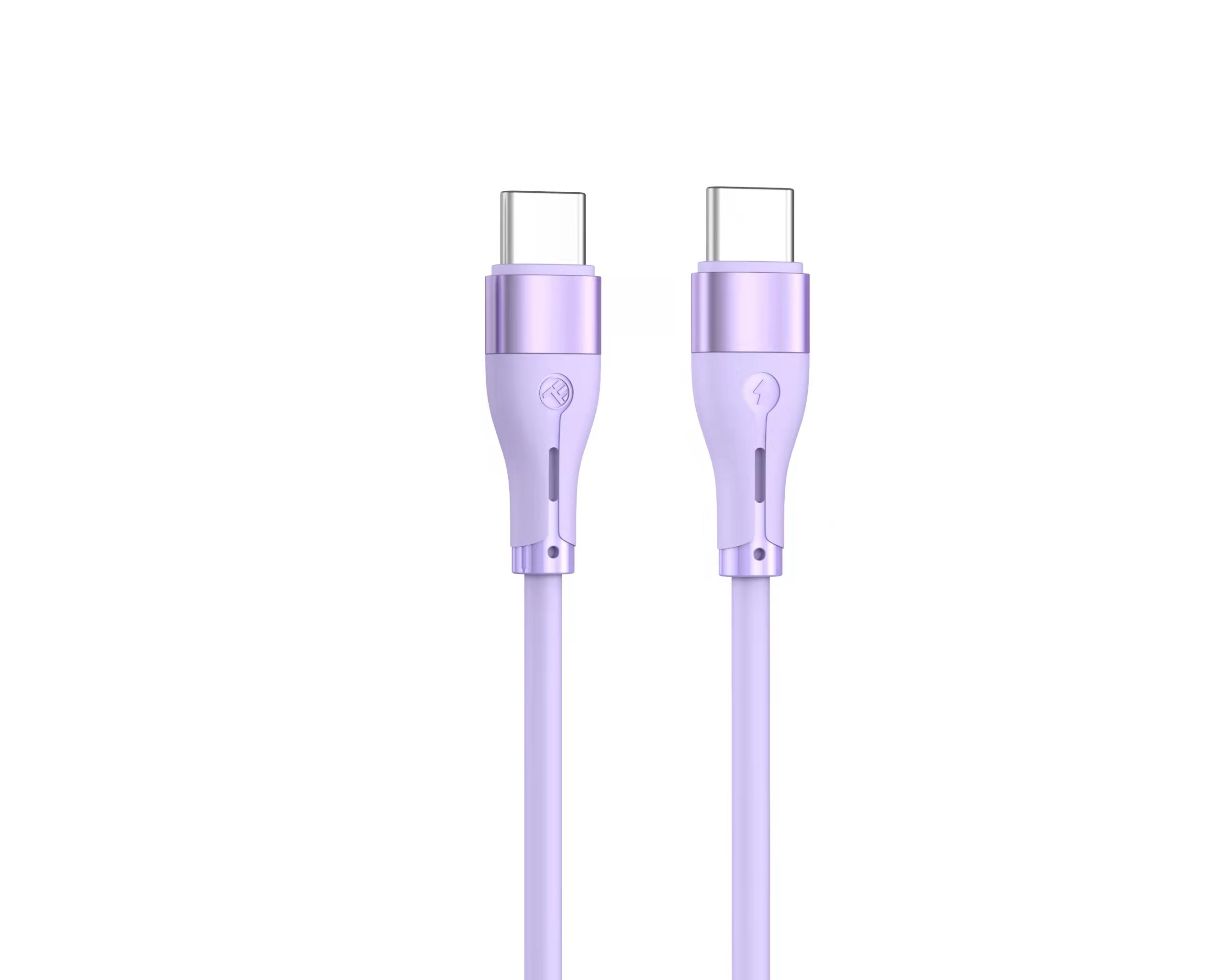 Dwa jasnofioletowe kable ładujące USB-C na białym tle.