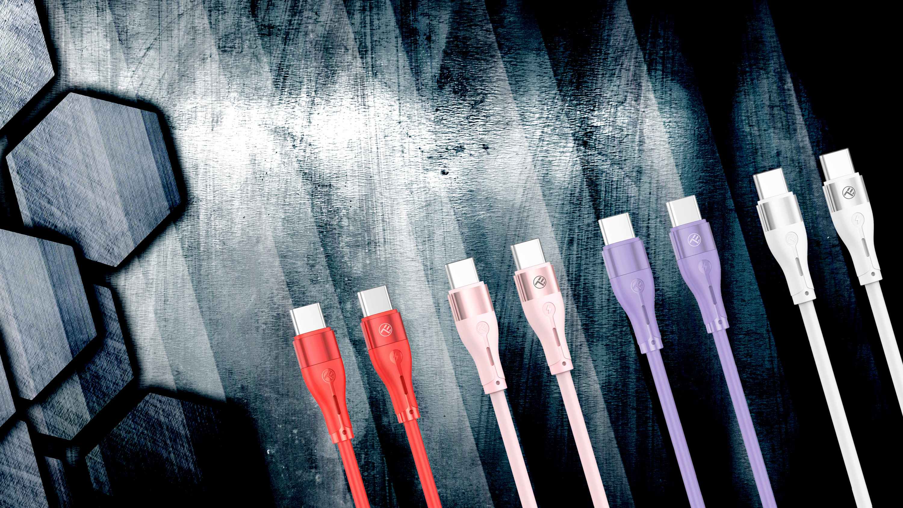 Kable w różnych kolorach. Złącza USB-C i Lightning. Gradientowe tło.