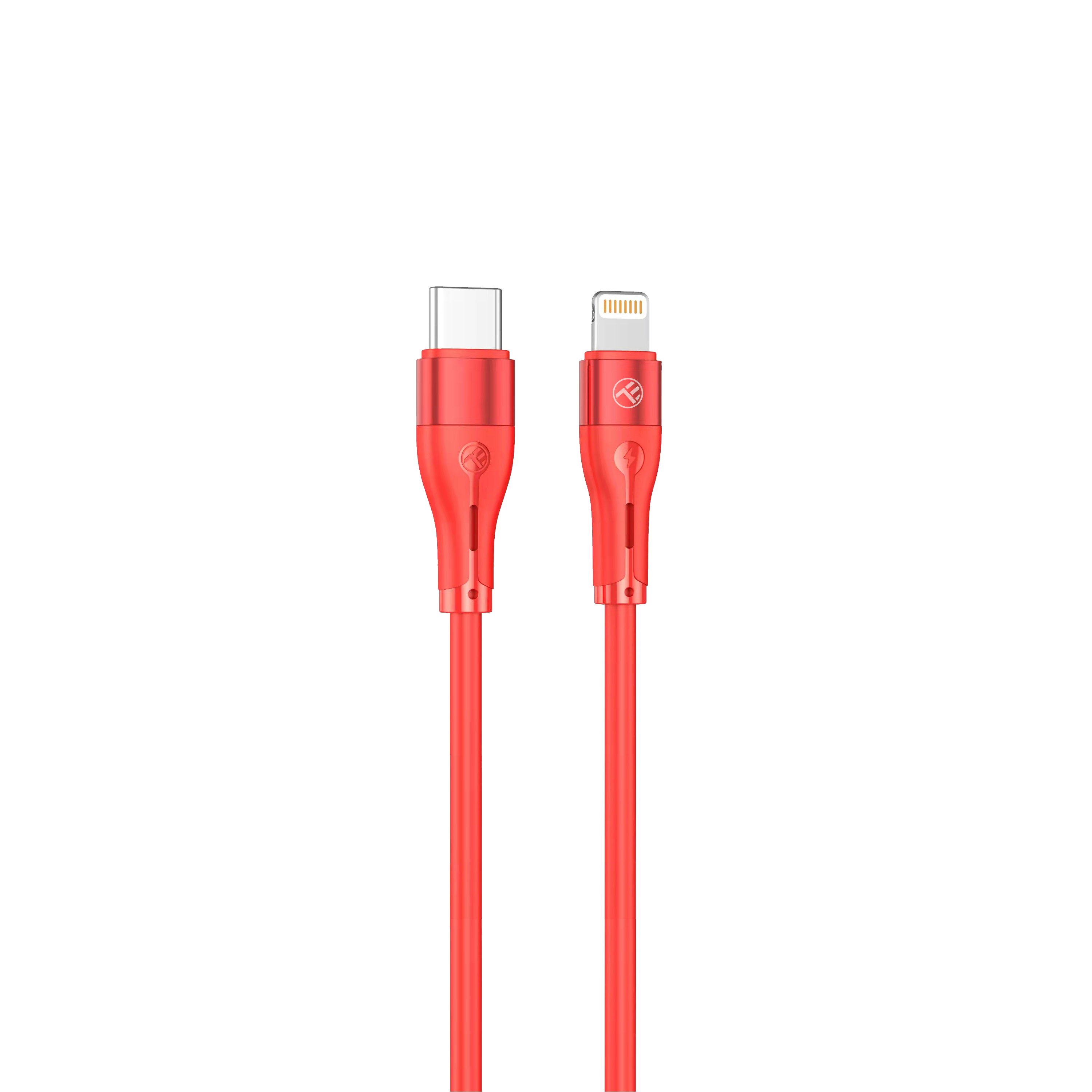 Czerwony kabel USB-C do Lightning. Złącza na każdym końcu. Czarne tło.