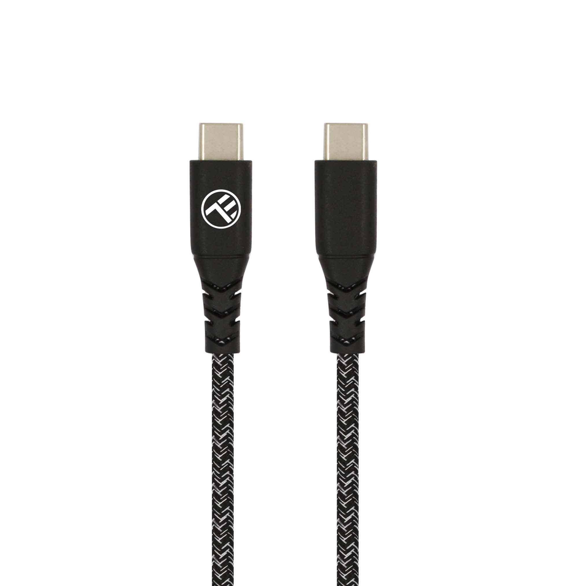 Wyświetlane są dwa czarne kable USB-C, pokazujące złącza i plecioną konstrukcję kabla.