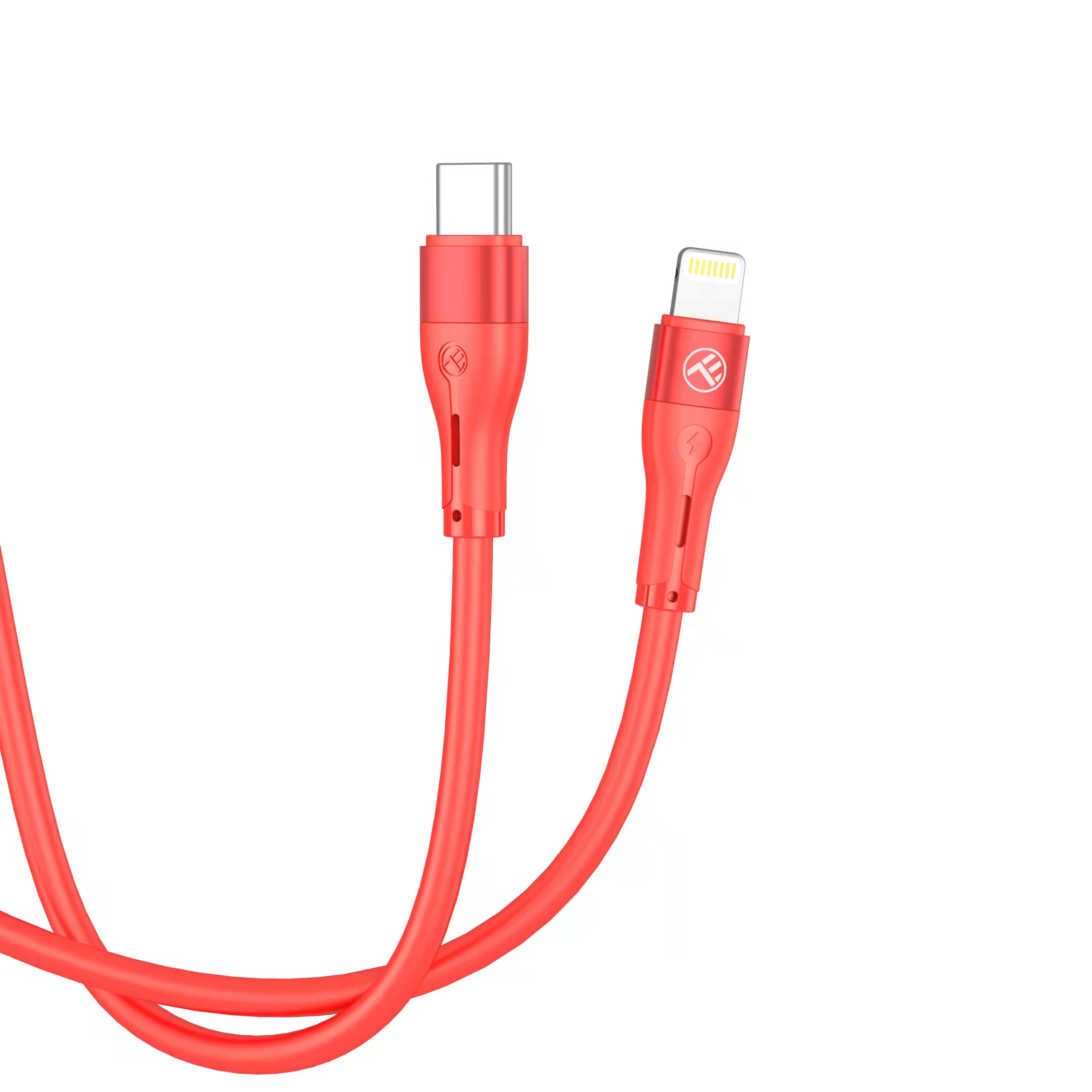 Czerwony kabel USB-C do Lightning. Oba złącza są widoczne i czerwone.