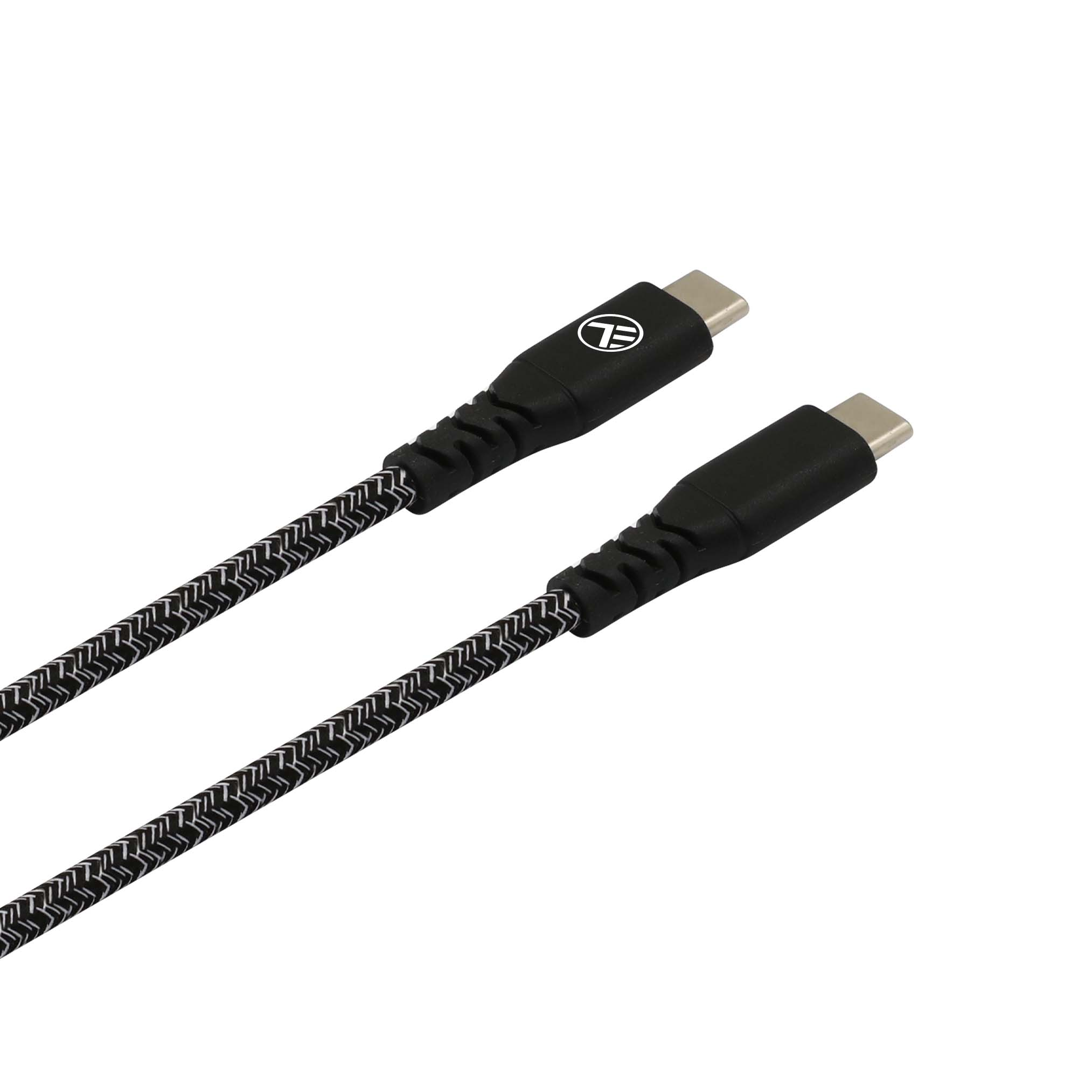Dwa czarne kable USB-C z wzorem i logo EL na złączach.