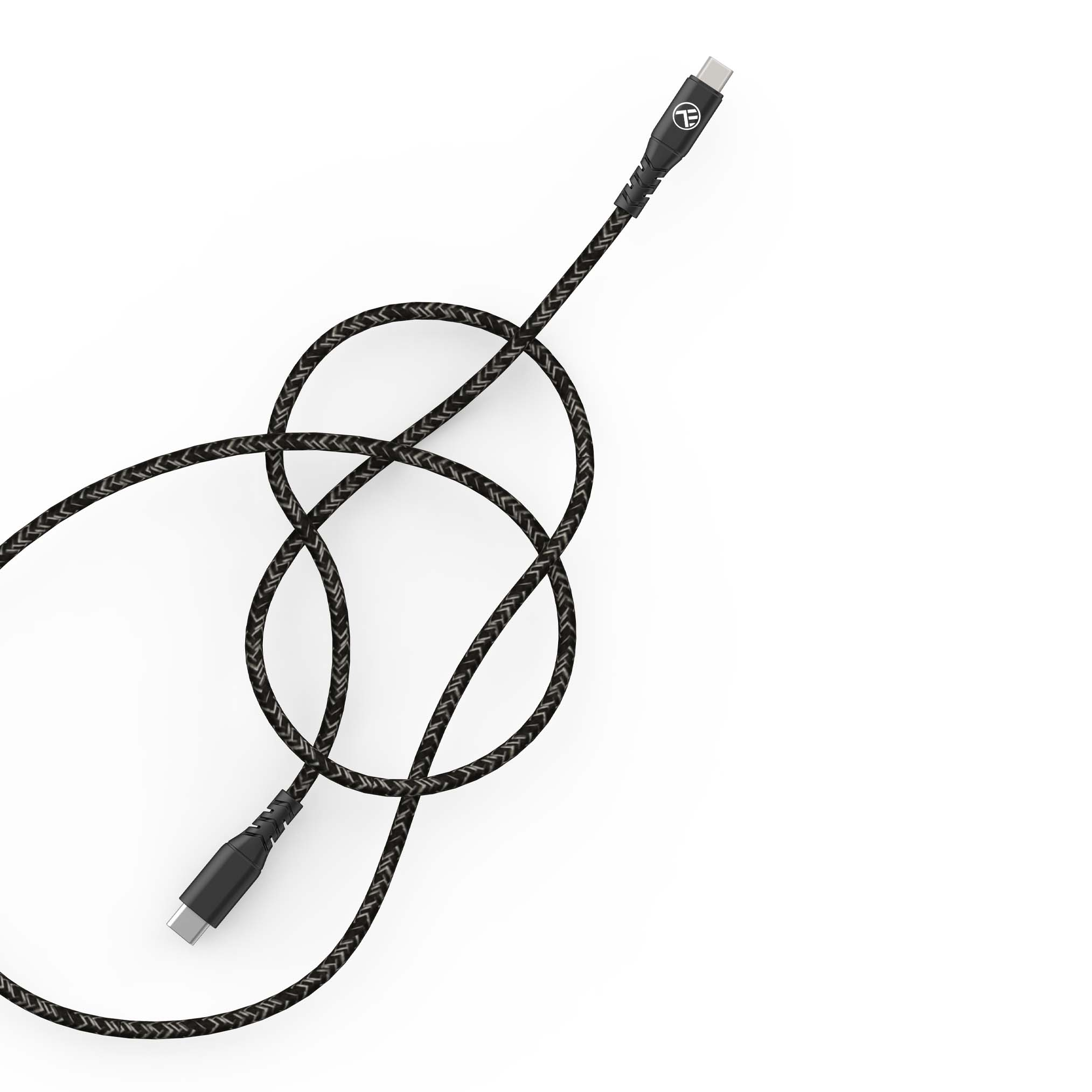 Czarny i zielony kabel USB-C, zawiązany w kształt ósemki.