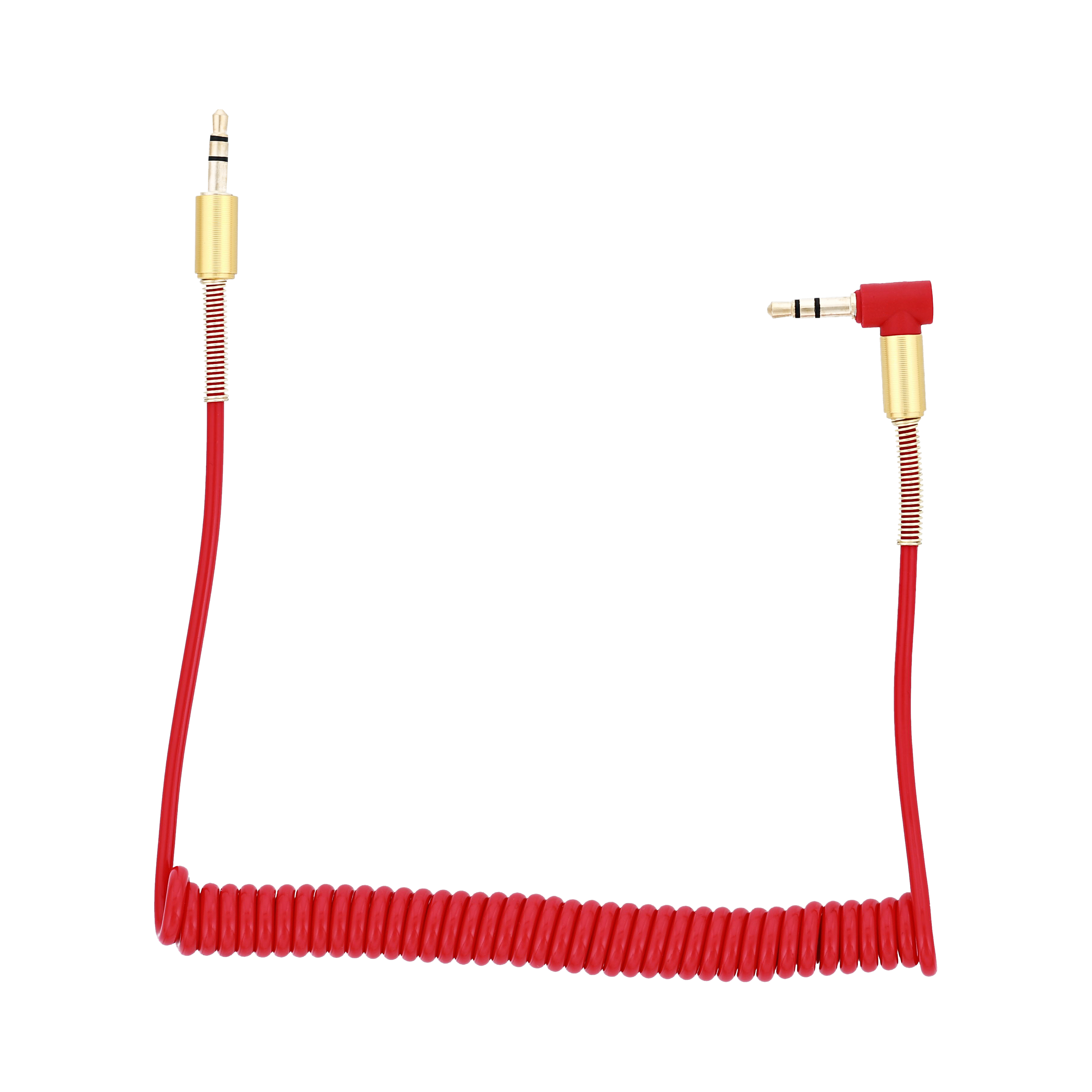 Rotes, gewendeltes Audiokabel mit Goldsteckern. Das Kabel hat einen rechtwinkligen Stecker.
