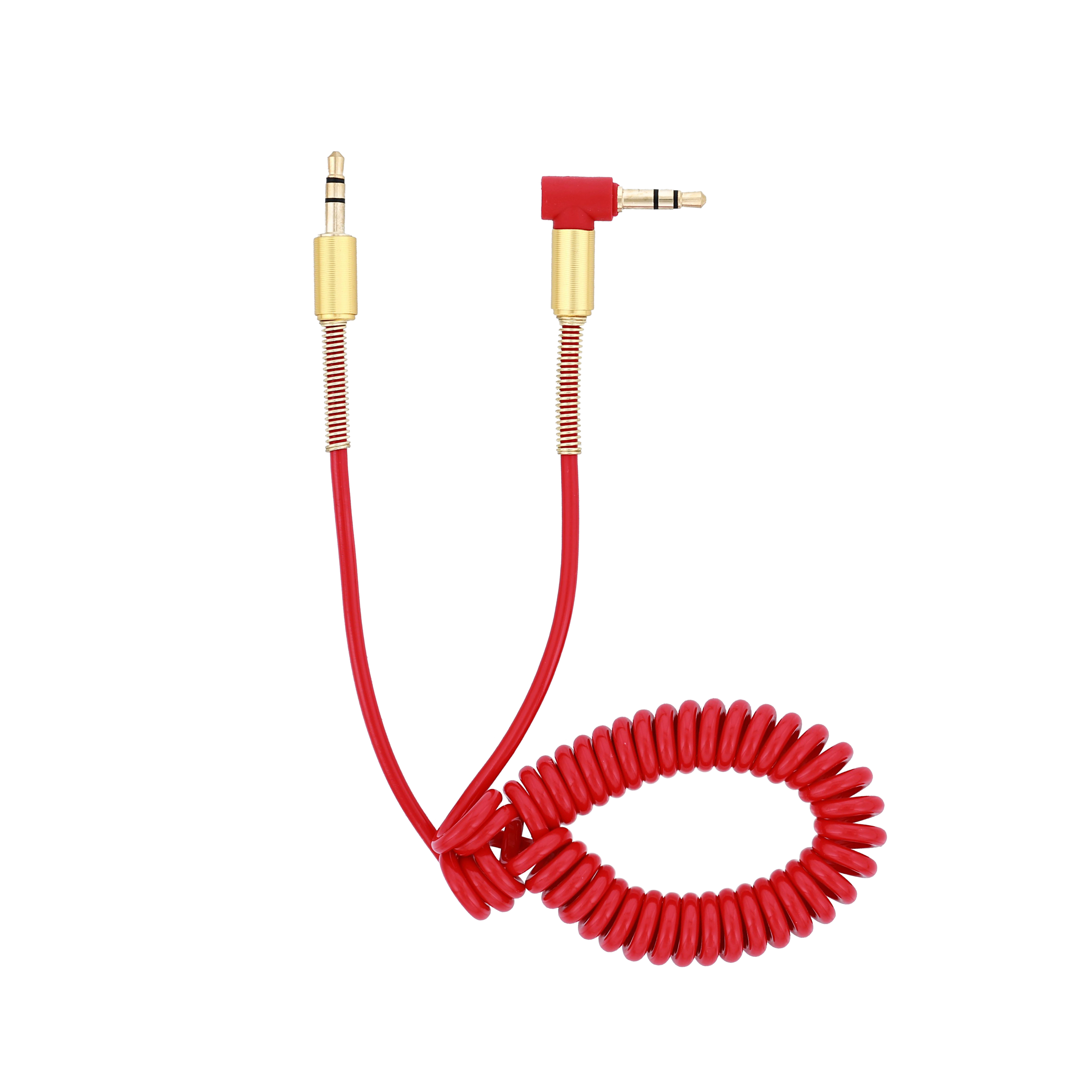 Rotes Spiralkabel mit goldenen Steckern. Das Kabel hat an jedem Ende zwei goldene Stecker.