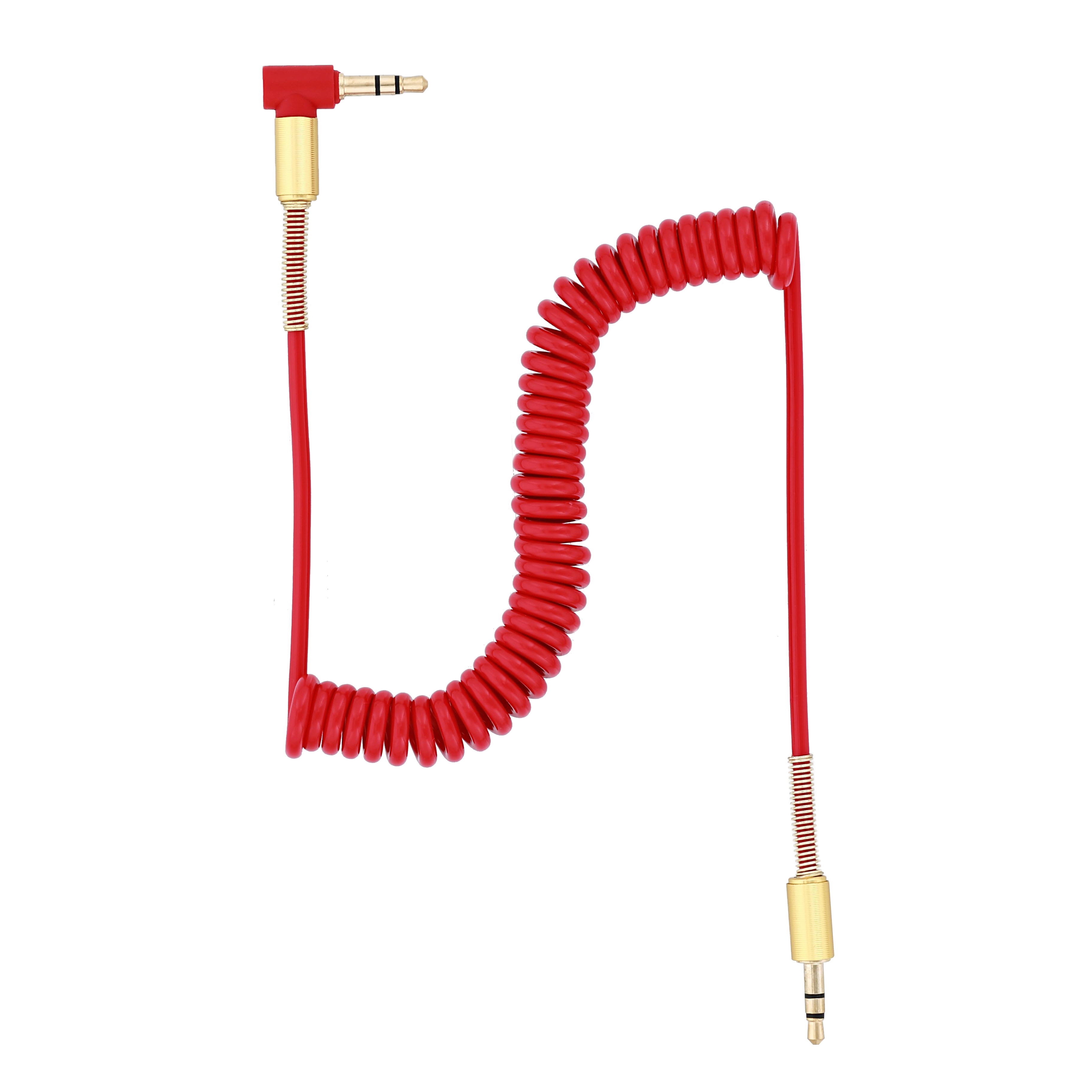 Rotes, spiralförmiges Kopfhörerkabel mit goldenen Steckern. Ein Winkel, der andere gerade. Weißer Hintergrund.