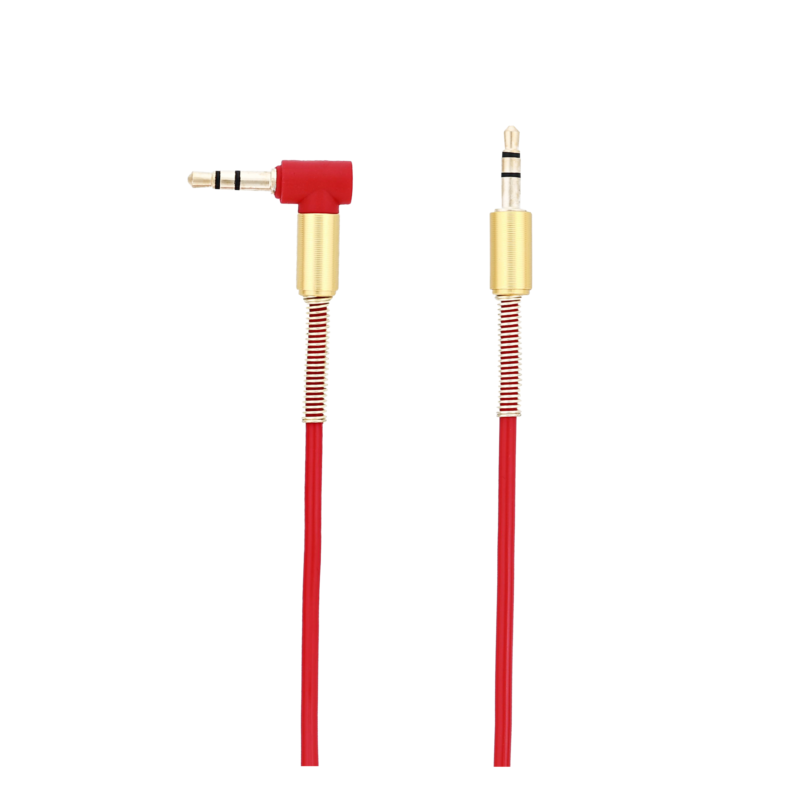 Zwei rote und goldene Audiokabel werden gezeigt. Eines hat einen rechtwinkligen Stecker, das andere ist gerade.