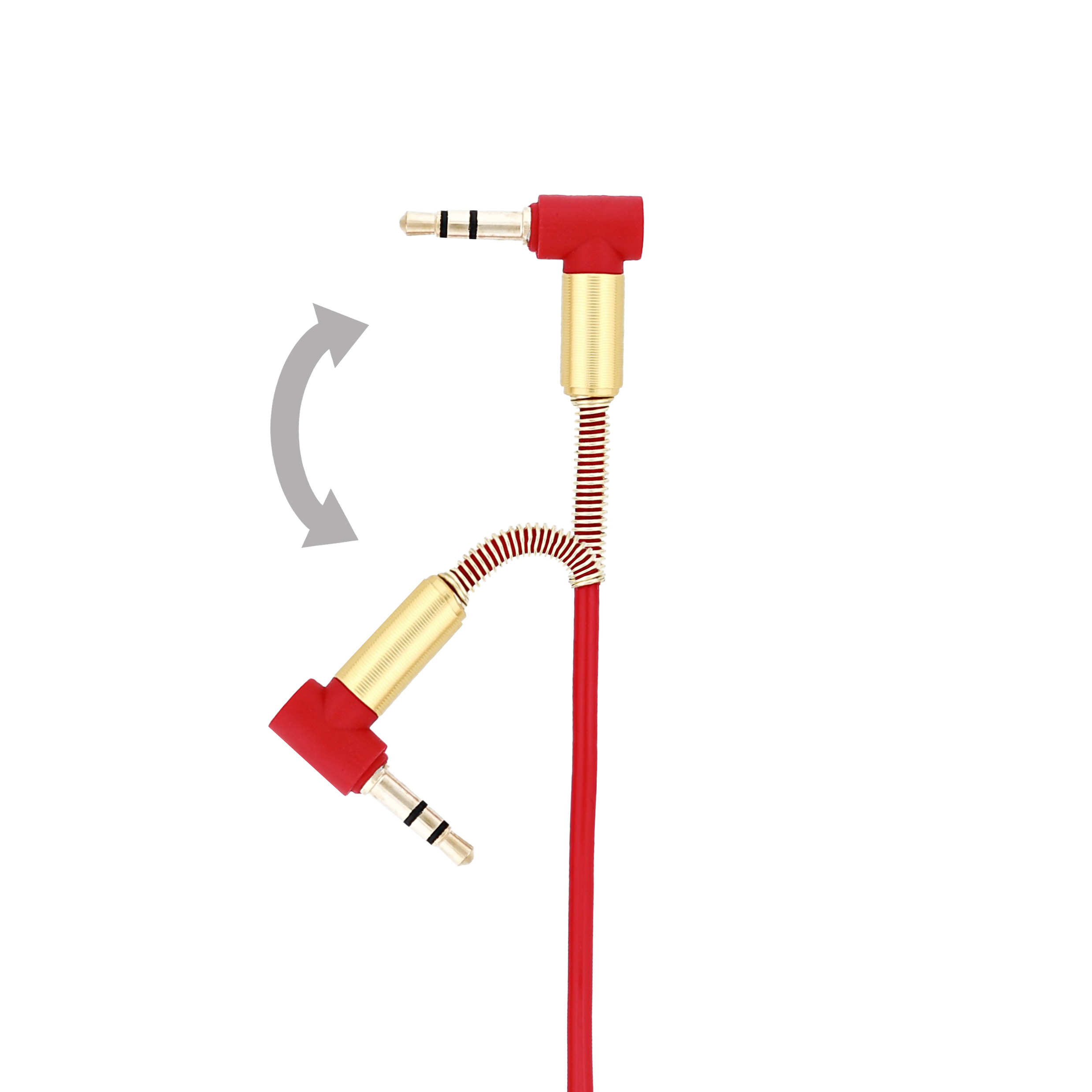 Rotes und goldenes Audiokabel mit drehbaren Anschlüssen. Die Anschlüsse haben goldene Spitzen und ein rotes Kunststoffgehäuse.