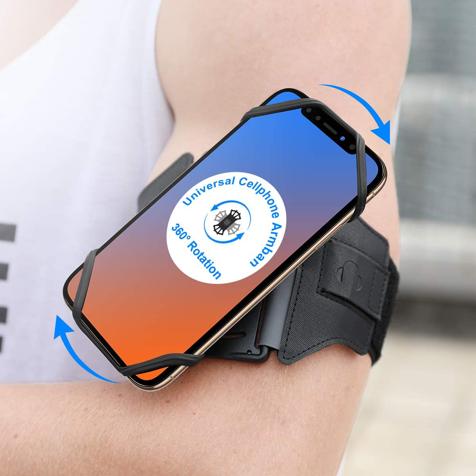Un brazo con una cinta para el brazo del teléfono adjunta. El teléfono muestra una imagen azul y naranja.