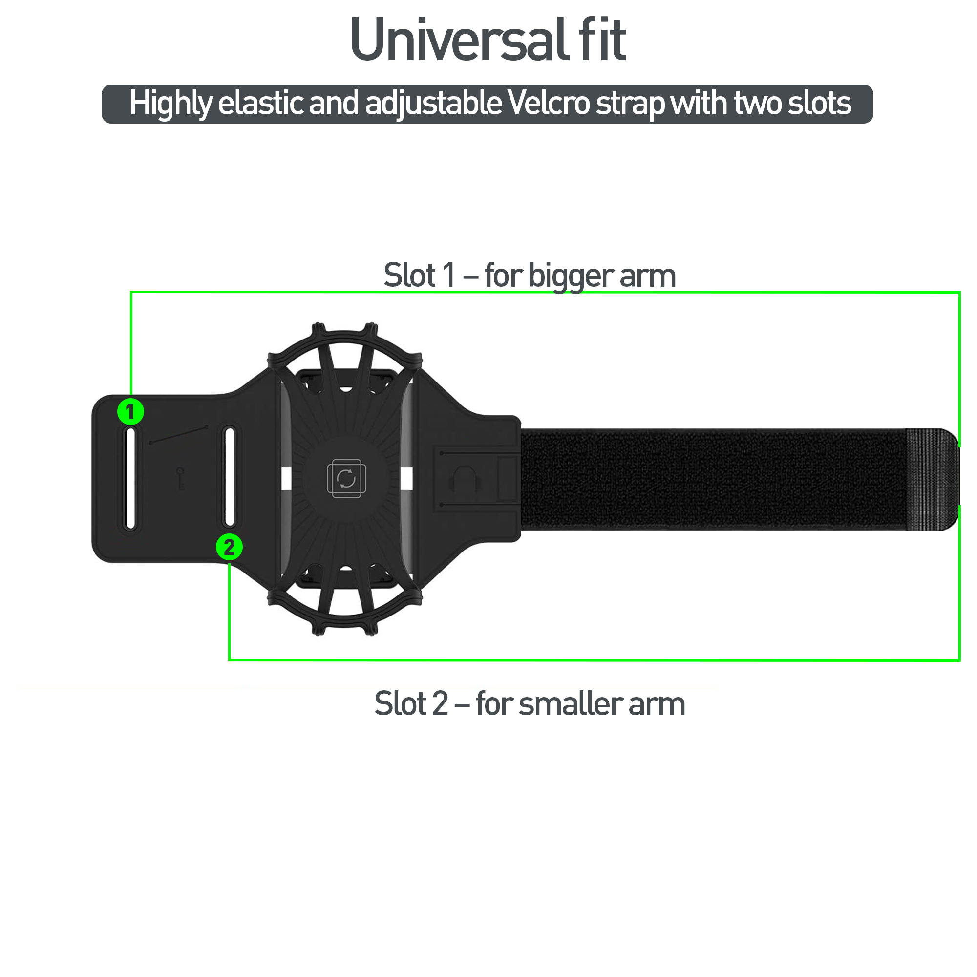 Brazalete negro con correa de velcro ajustable, para teléfonos, fondo blanco.