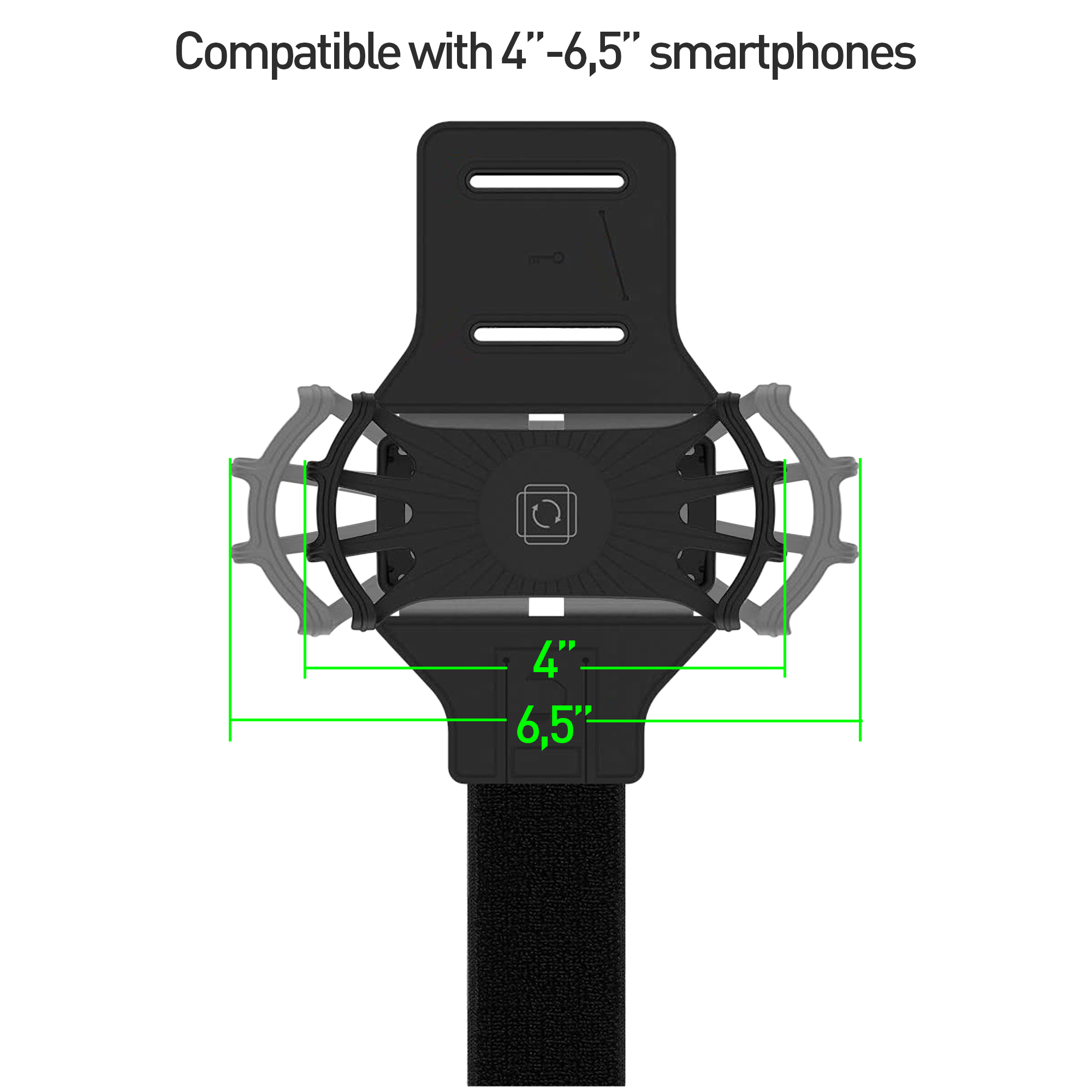 Brazalete negro para teléfono. Texto: Compatible con smartphones de 4"-6.5". Fondo blanco.