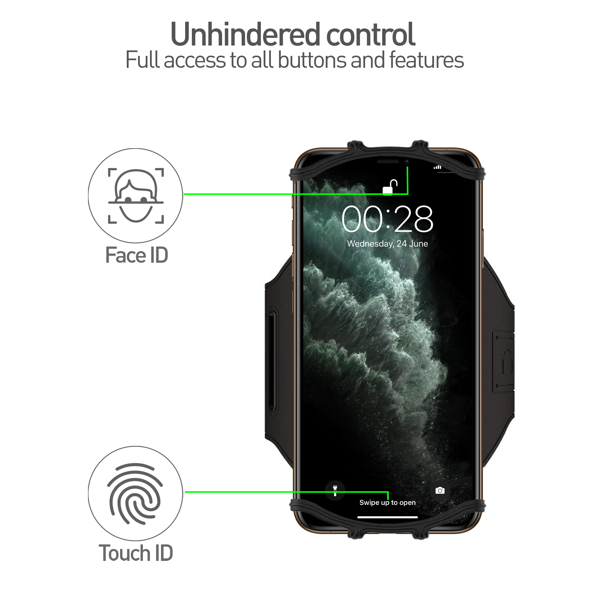 Teléfono asegurado en una correa negra con pantalla de tiempo, iconos para Face ID y Touch ID.