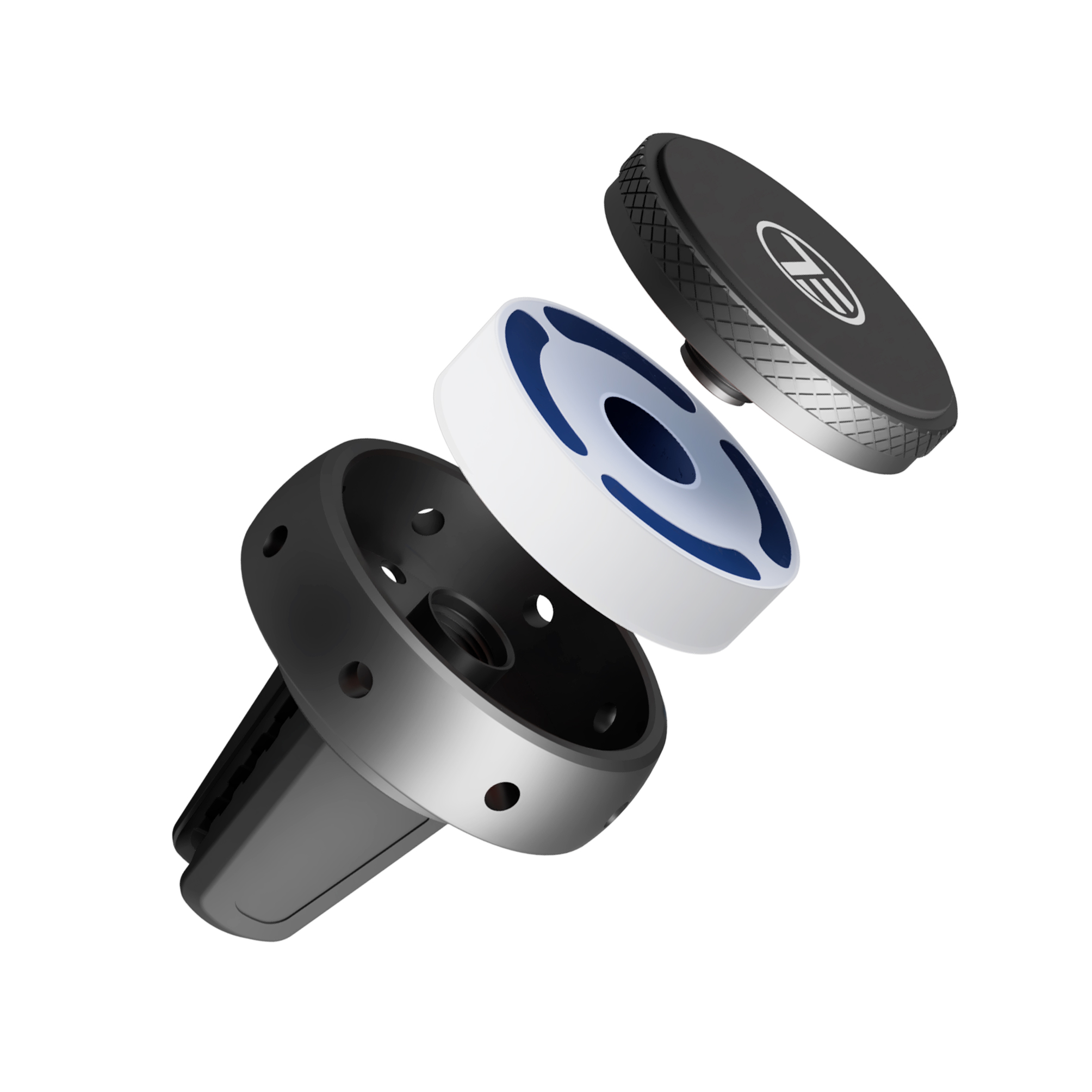 Zdemontowany uchwyt samochodowy: podstawa, biały pierścień, czarna pokrywa. Białe tło.