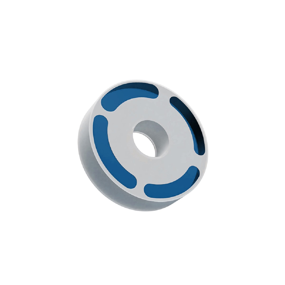 Biały i niebieski plastikowy dysk z trzema niebieskimi łukami.