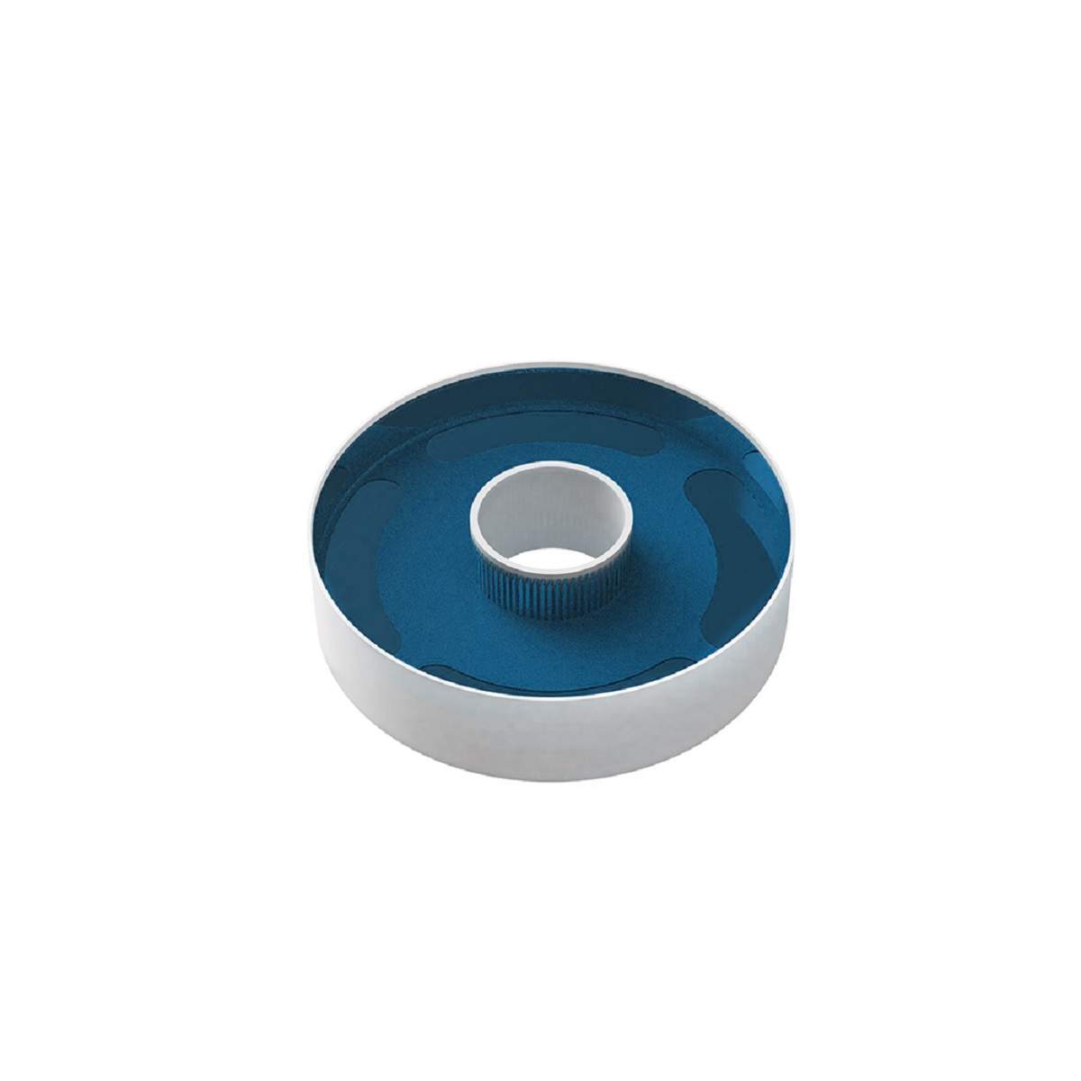 Biało-niebieski okrągły obiekt z otworem pośrodku. Wygląda na nowoczesny element designu.