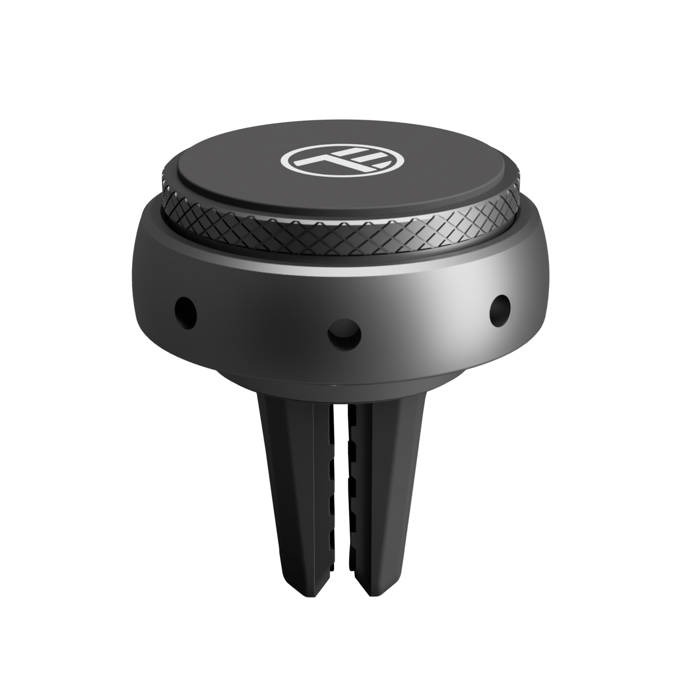 Czarny uchwyt do kratki wentylacyjnej z okrągłą górą i dwoma ramionami.