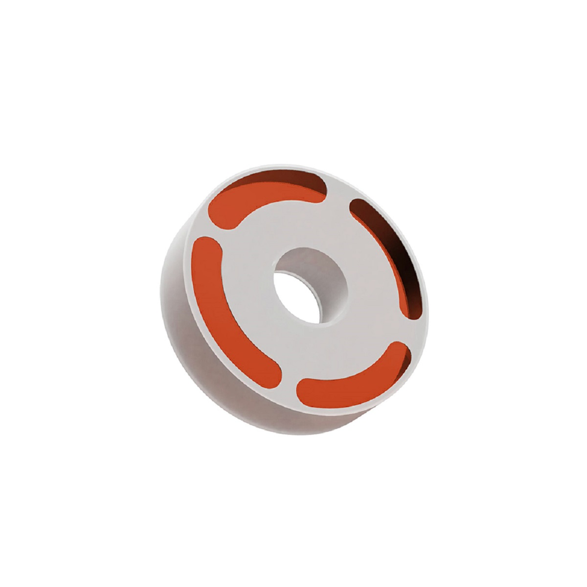 Biało-pomarańczowy obiekt w kształcie pierścienia z trzema pomarańczowymi sekcjami na białej powierzchni.