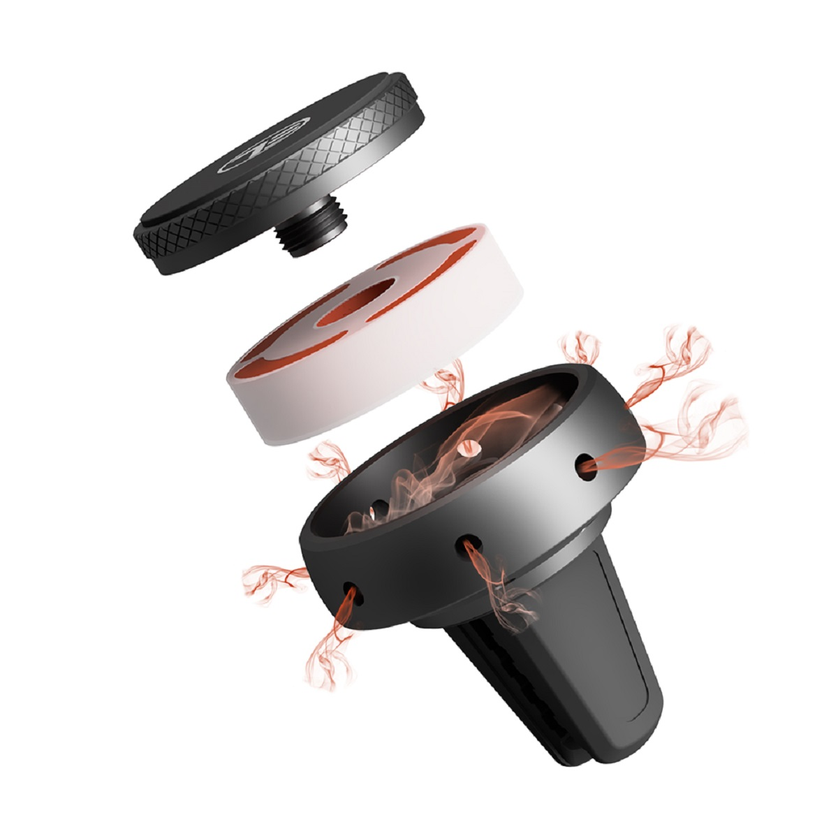 Widok rozstrzelony uchwytu na telefon do kratki wentylacyjnej samochodu. Pokazuje oddzielone części. Czerwony efekt dymu wokół części.