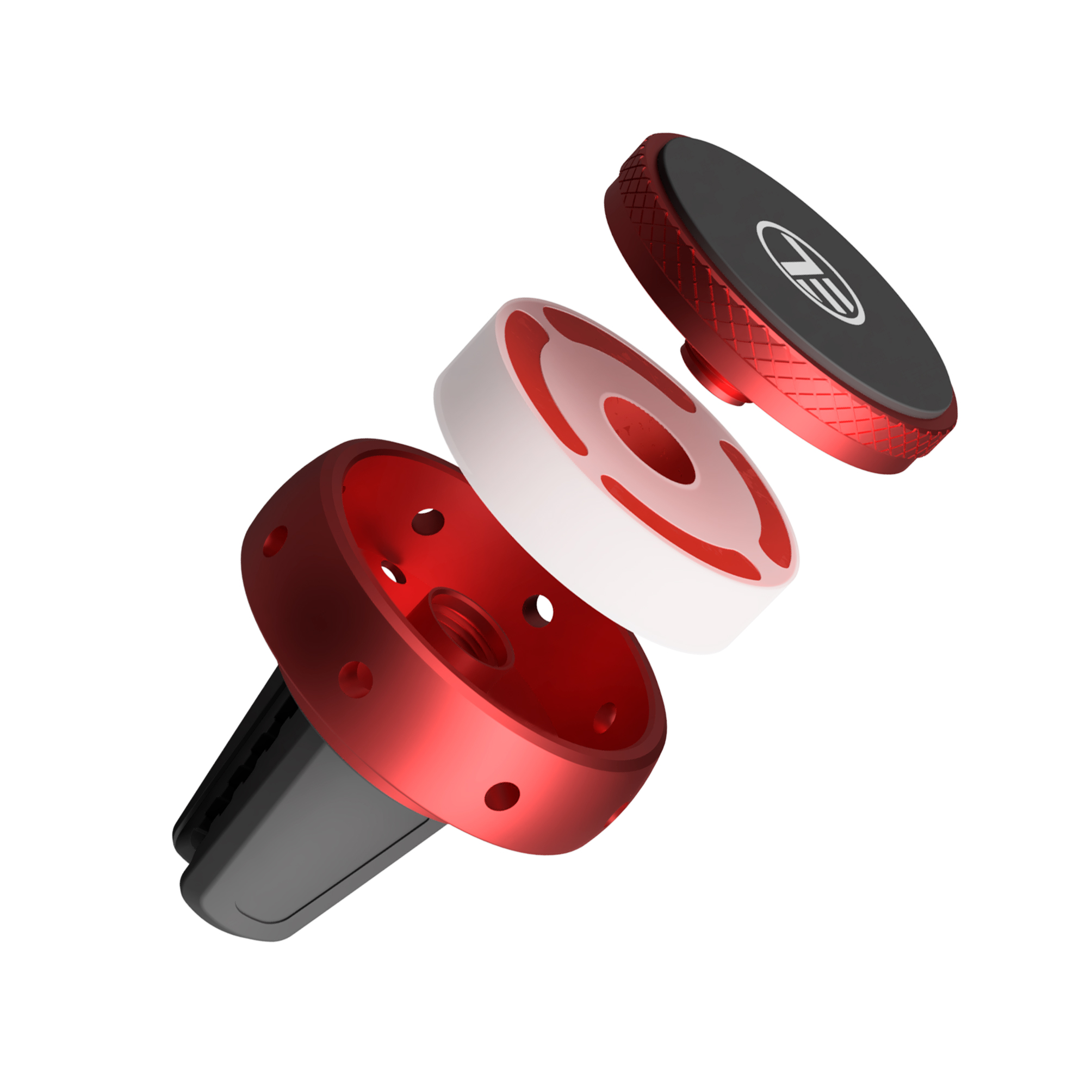 Uchwyt samochodowy do telefonu, zdemontowany. Widoczne czerwone i białe części.