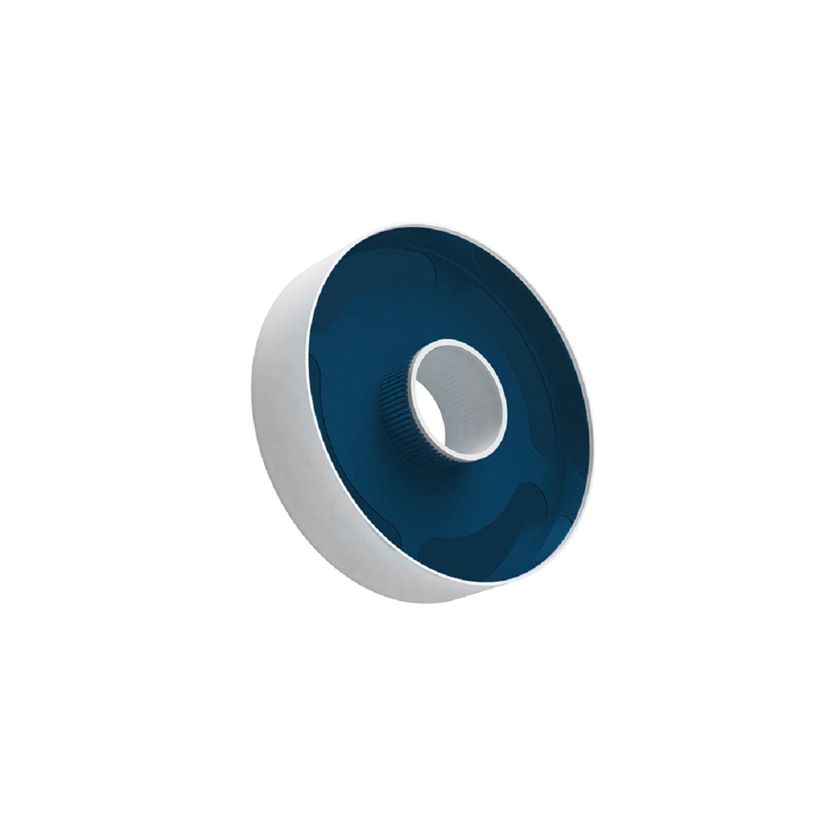 Biały i niebieski okrągły obiekt. Obiekt ma białą zewnętrzną i niebieską wewnętrzną część. Białe tło.